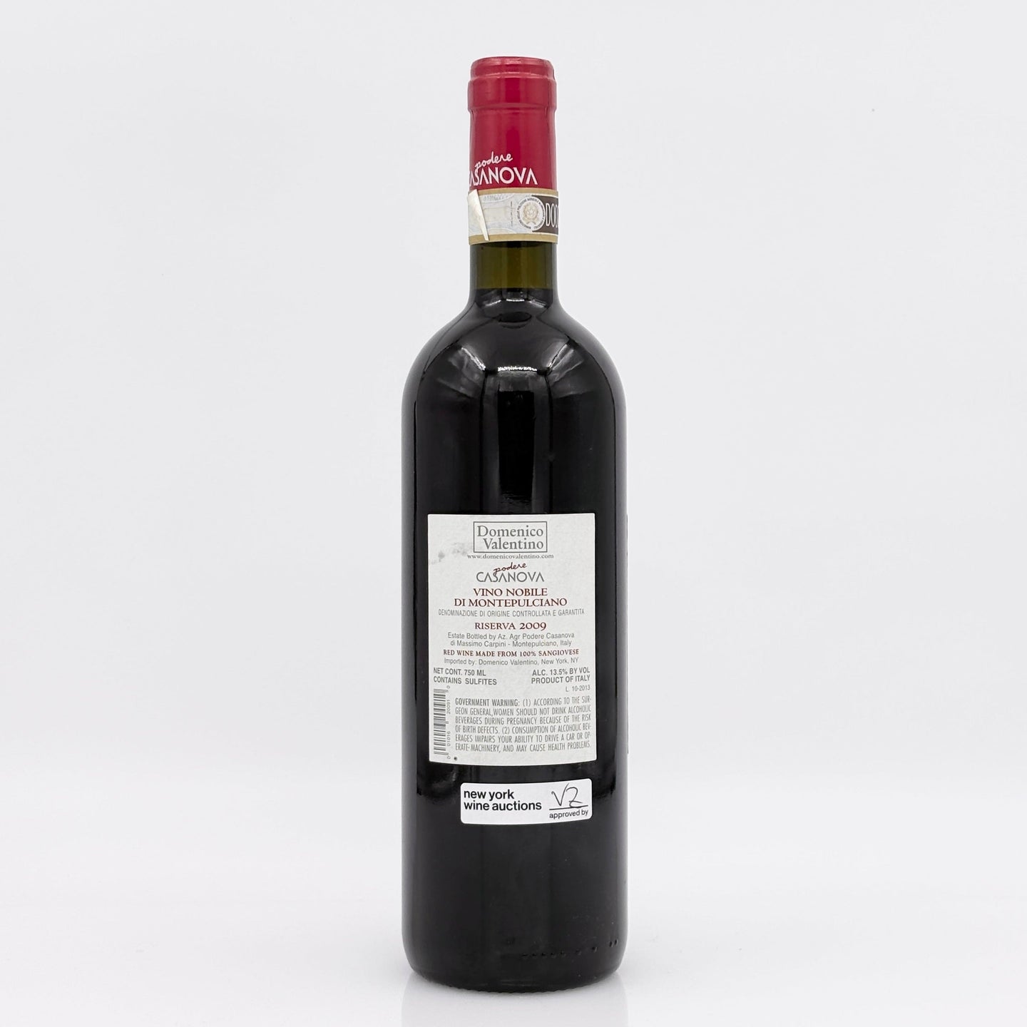 Bottle of wine with a visible label on a white background