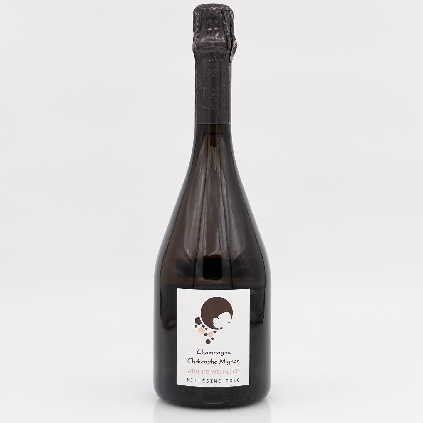 Bottle of champagne with a label on a white background
