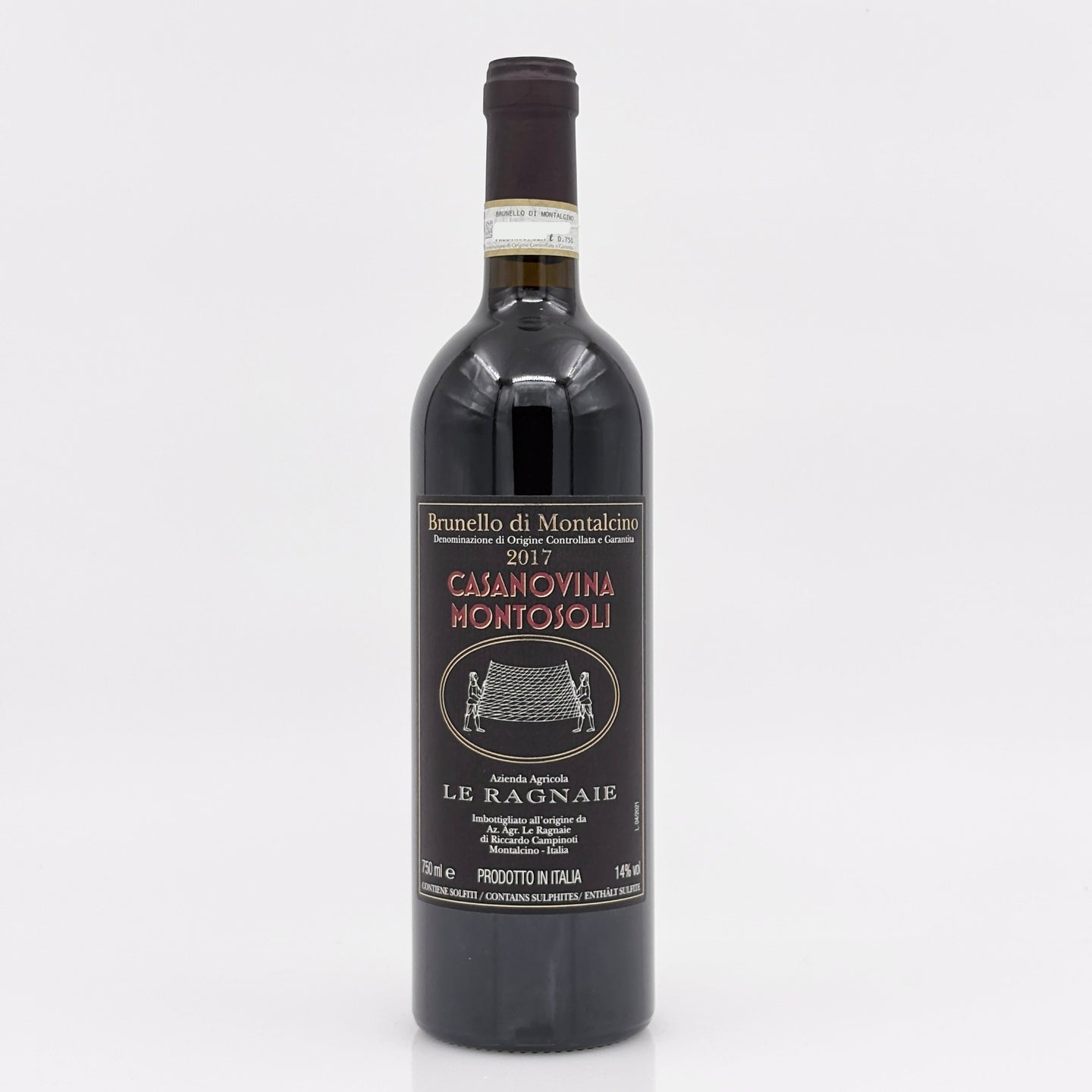 Wine bottle with a dark label on a white background