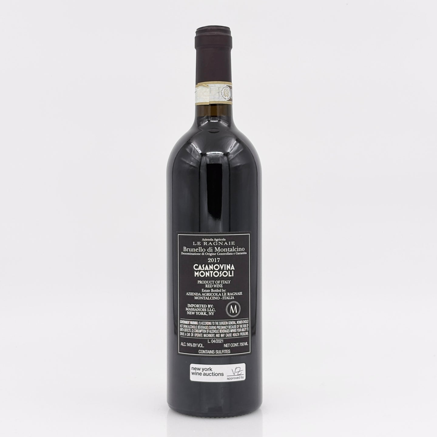 Red wine bottle with label on a white background