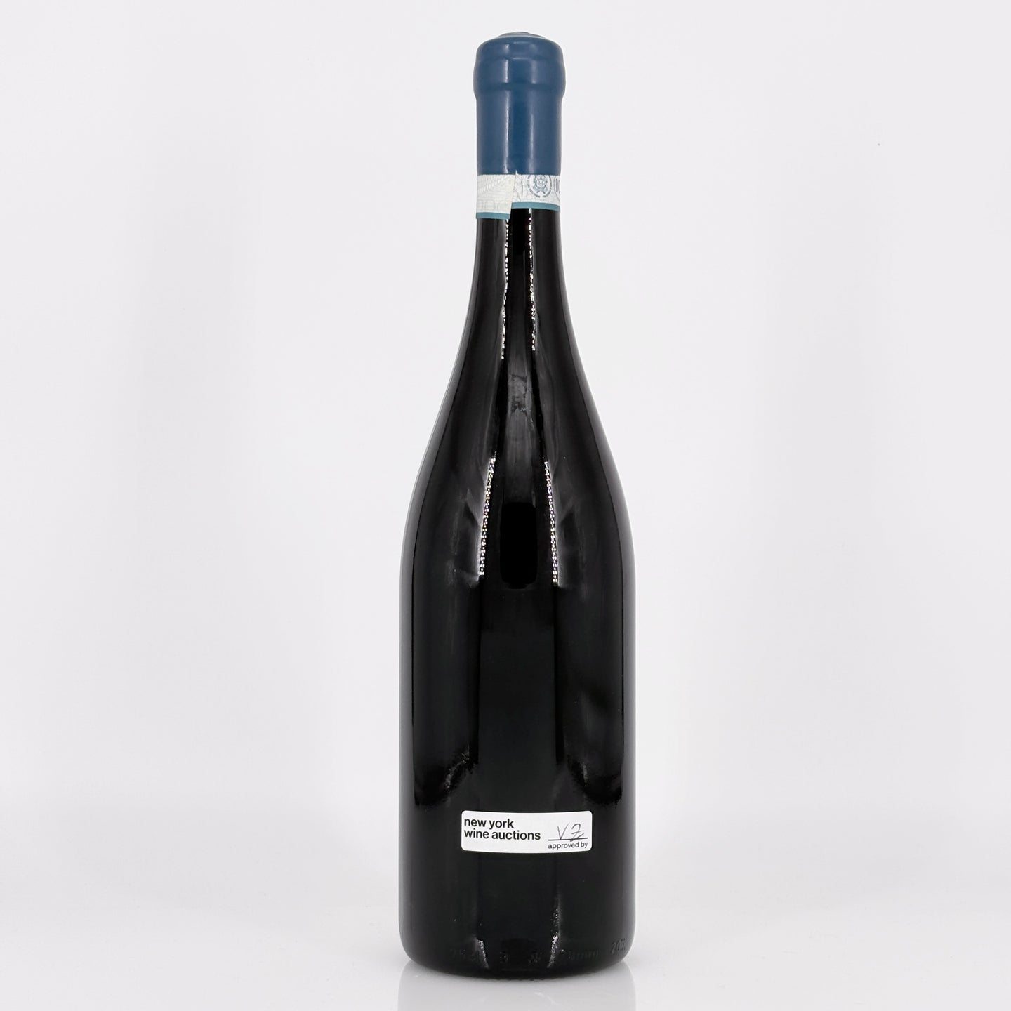 Black wine bottle with a visible label on a white background