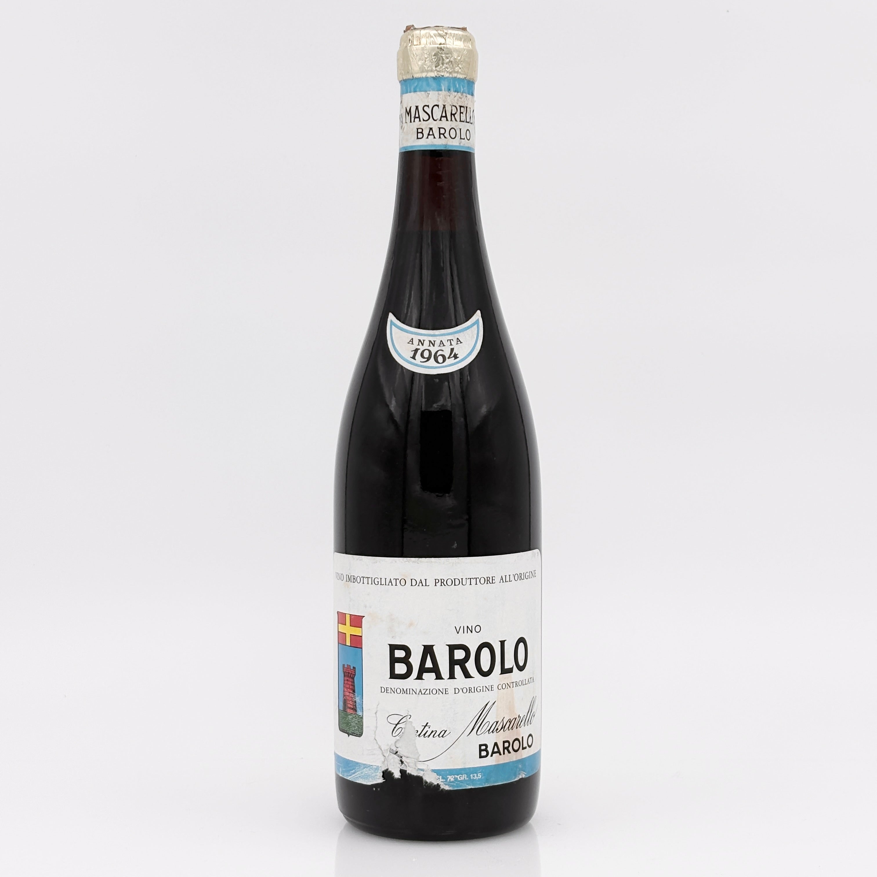 Barolo wine bottle with label on a white background