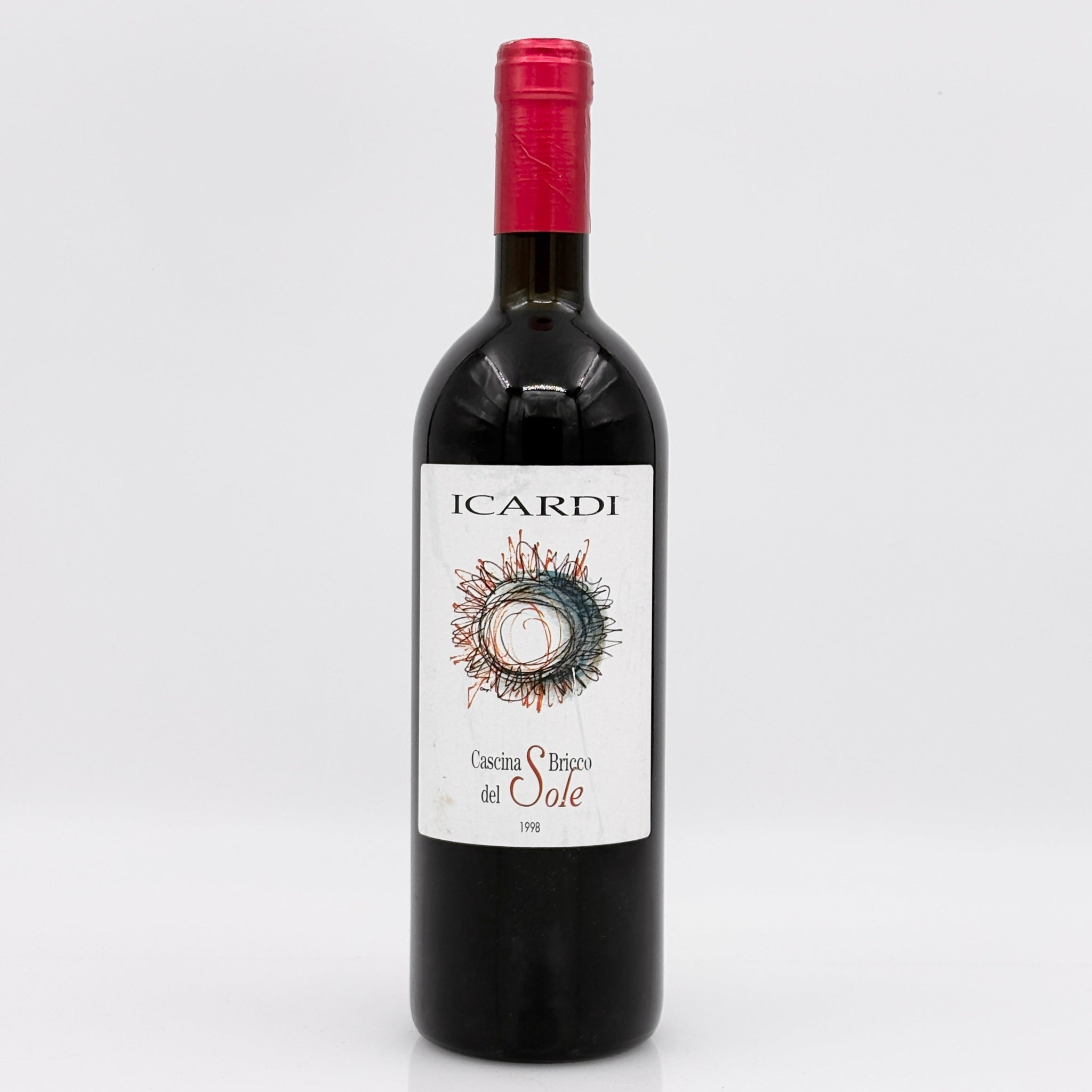 Red wine bottle with 'Icardi' label on a white background