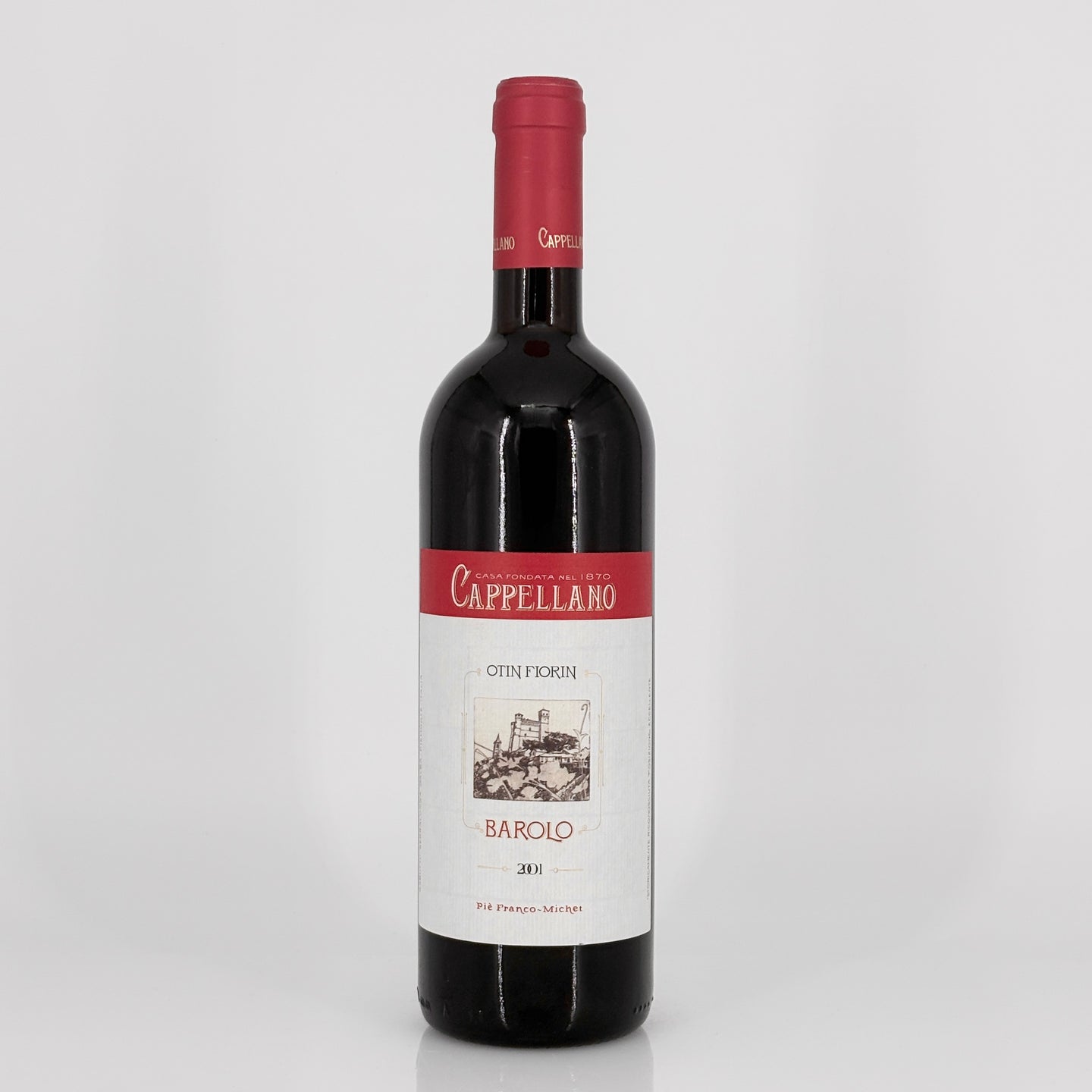 Red wine bottle with 'Cappellano' label on a white background