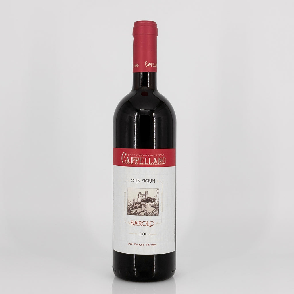 Red wine bottle with 'Cappellano' label on a white background