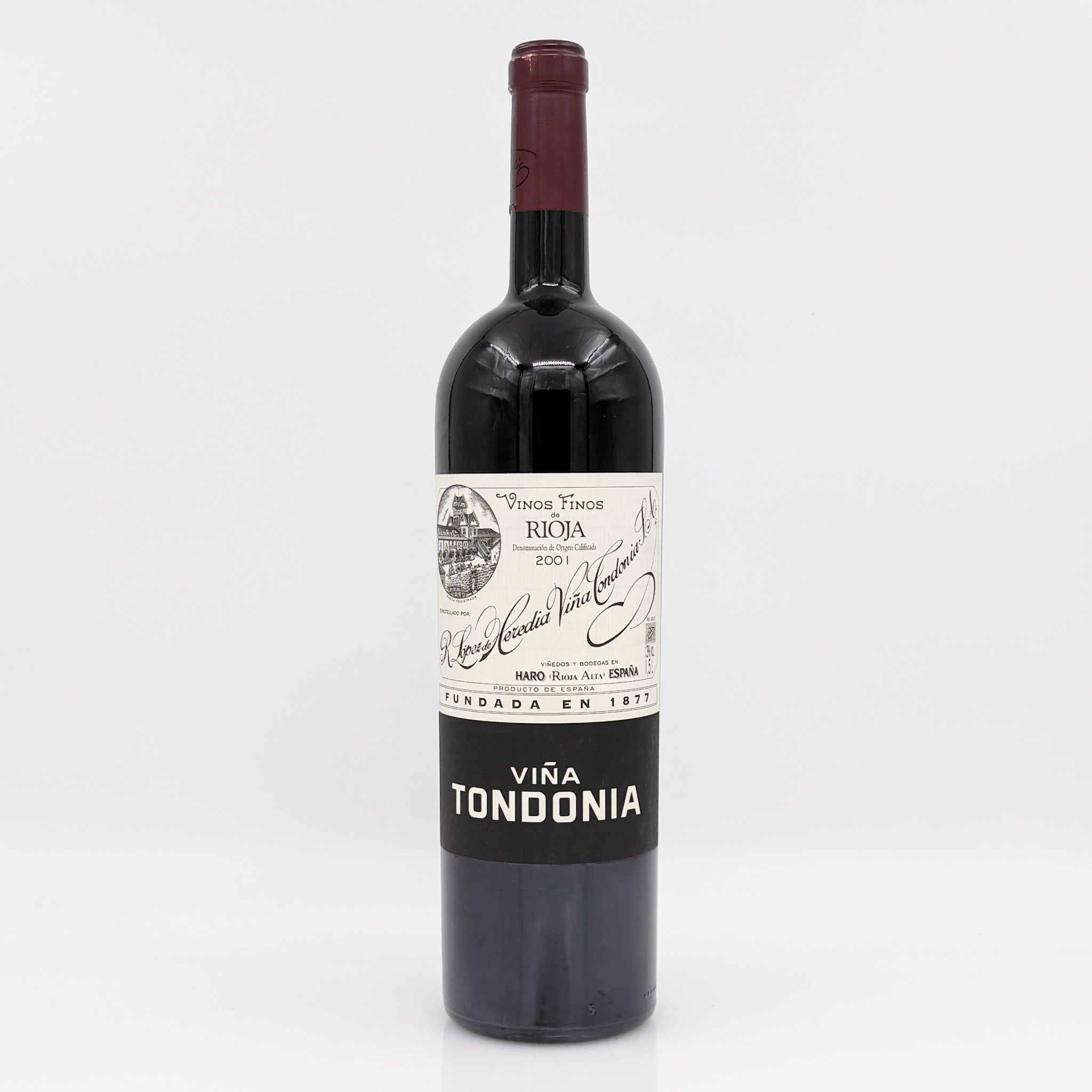 Red wine bottle with 'Vina Tondonia' label on a white background