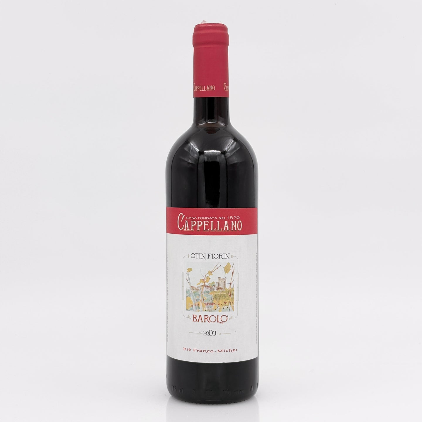 Red wine bottle with a visible label on a white background