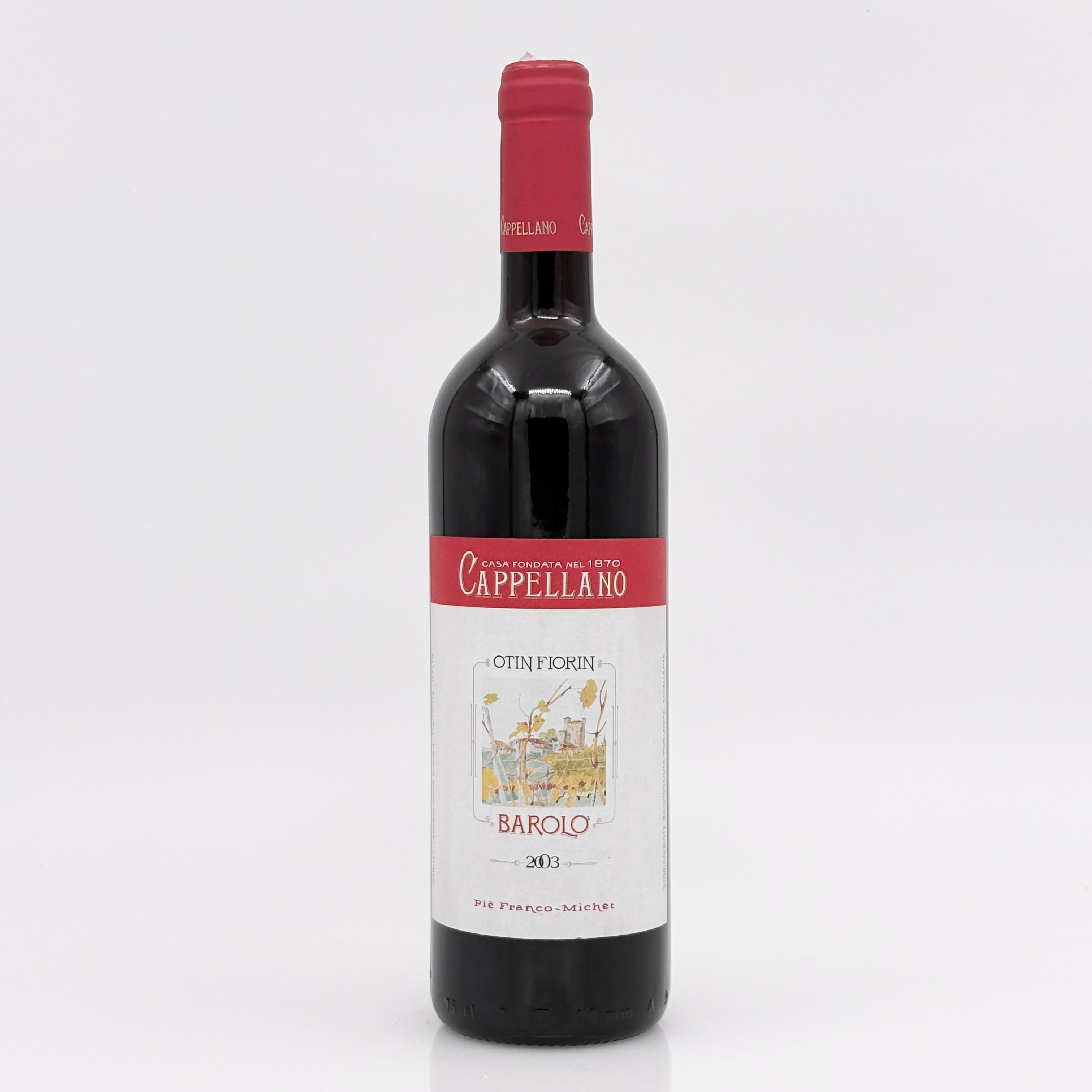 Red wine bottle with a visible label on a white background