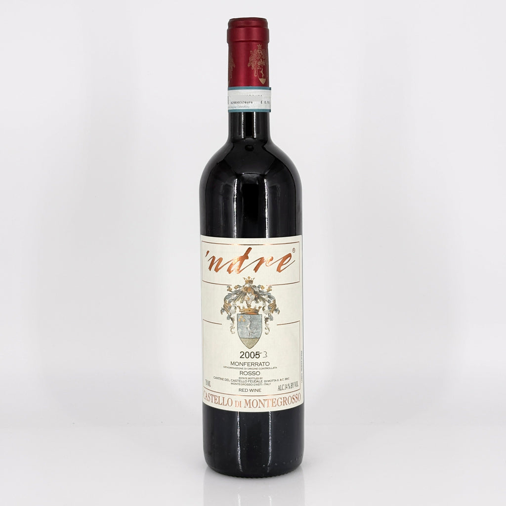 Red wine bottle with a visible label on a white background