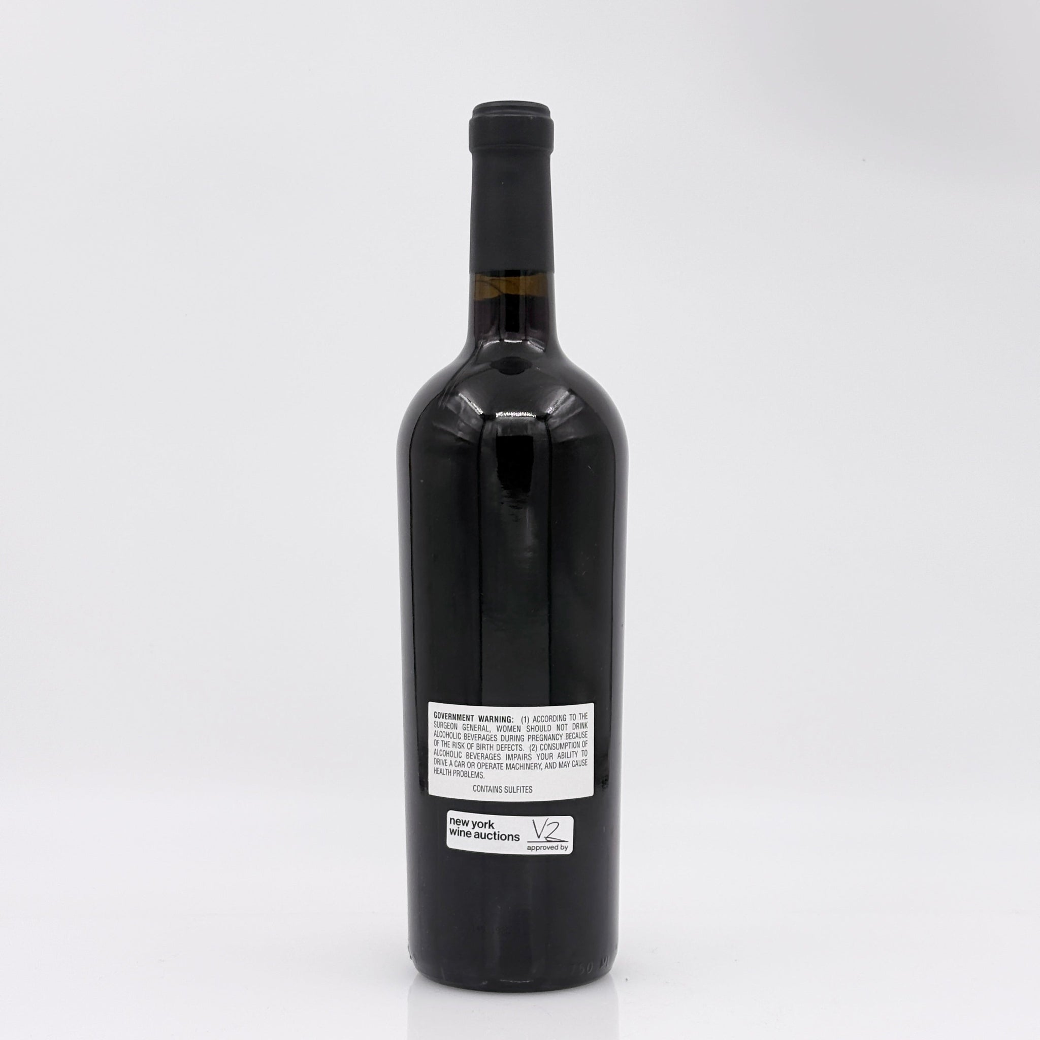 Black wine bottle with a label on a white background