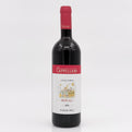Red wine bottle with a visible label on a white background
