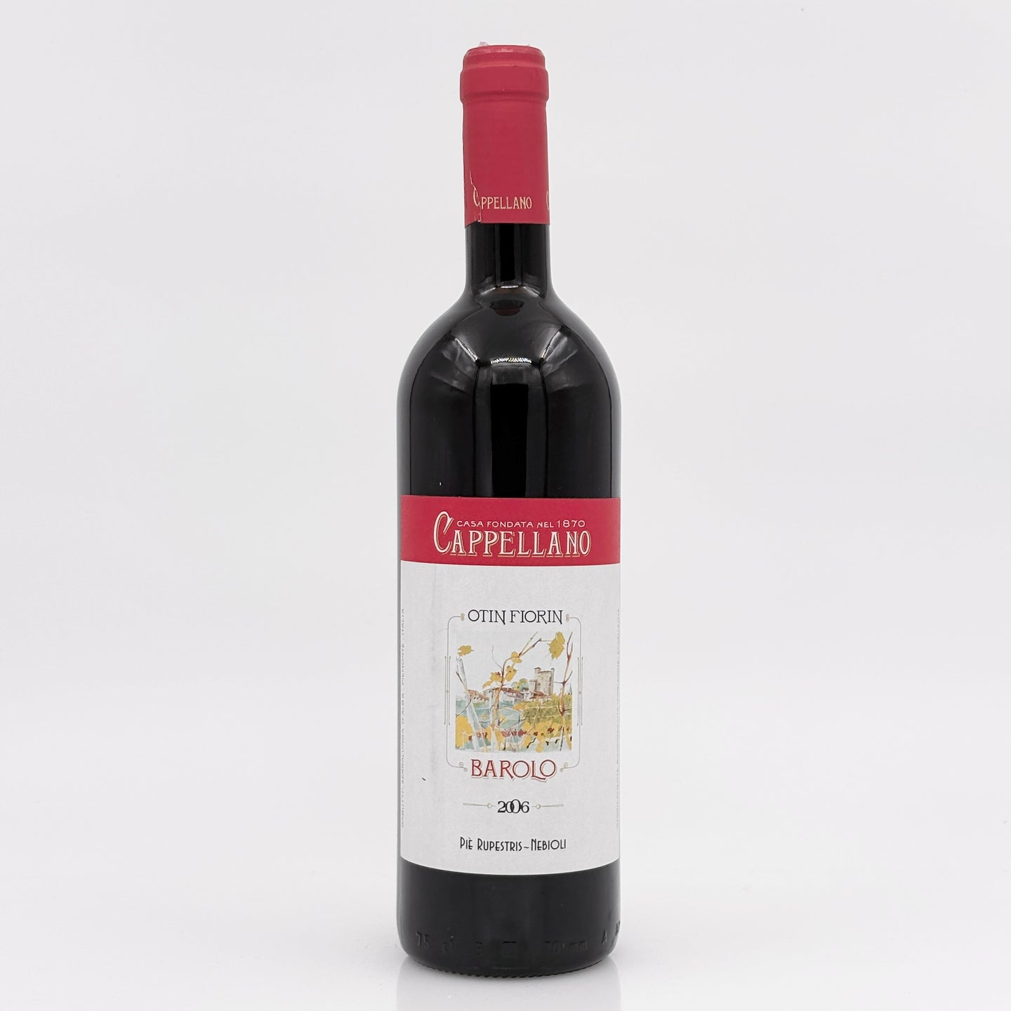 Red wine bottle with a visible label on a white background