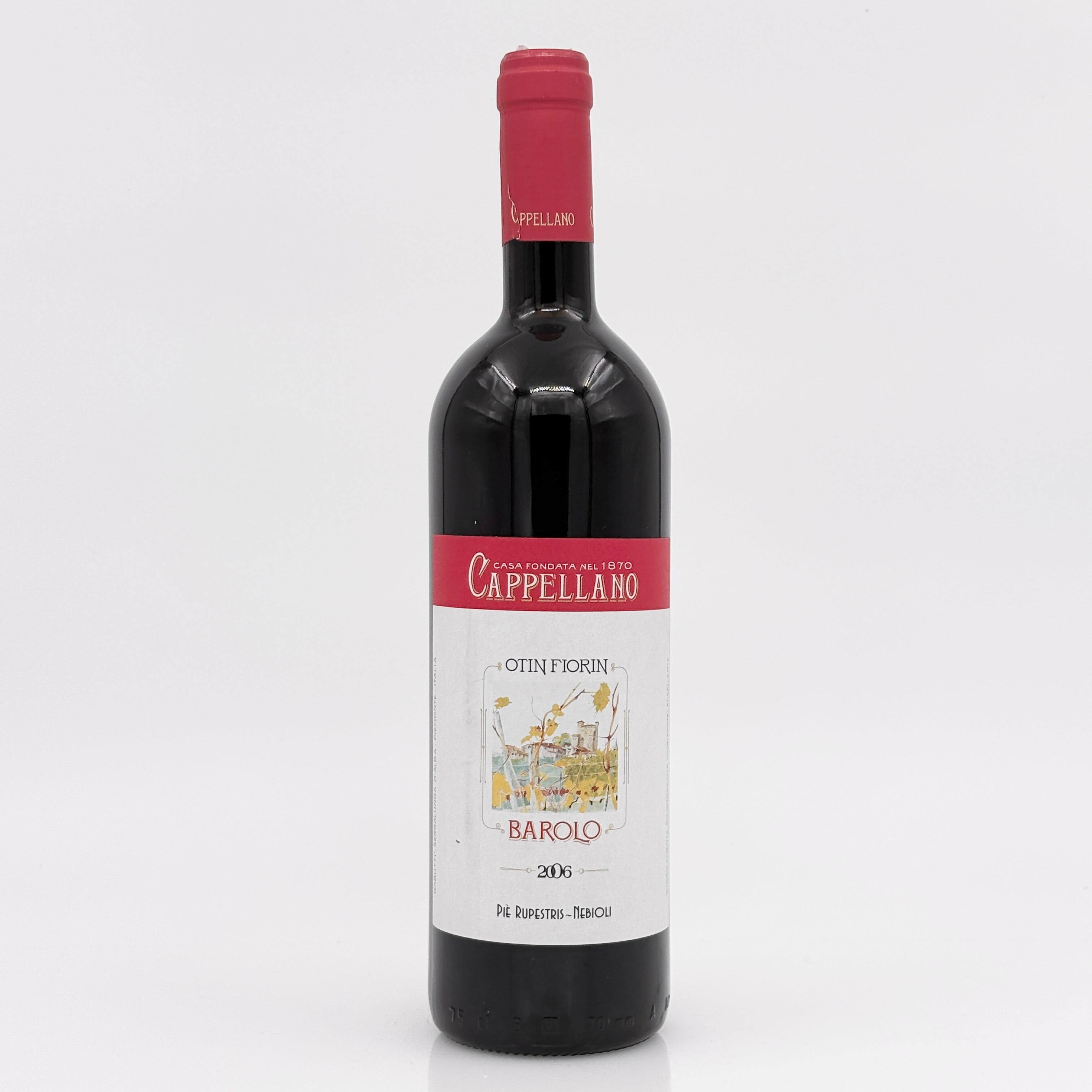 Red wine bottle with a visible label on a white background