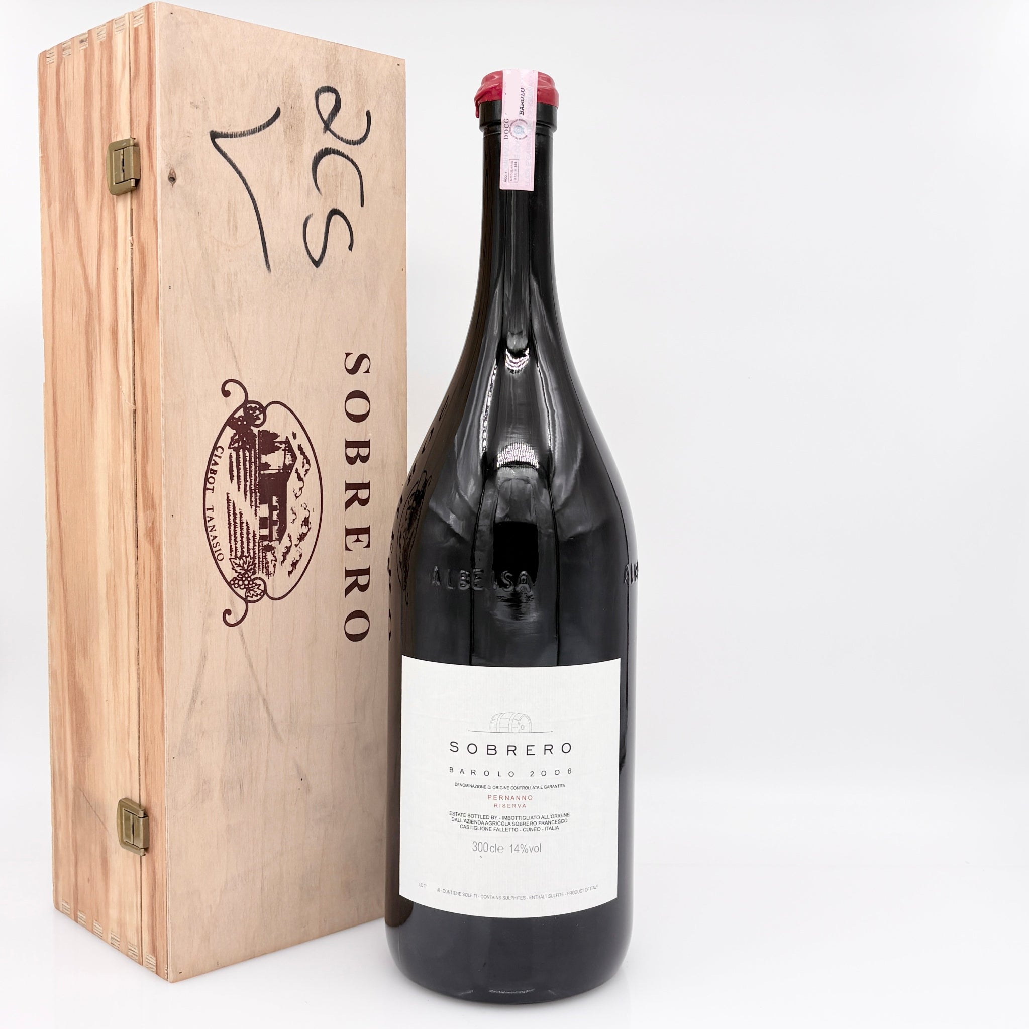 Sobrero wine bottle with wooden box on a white background