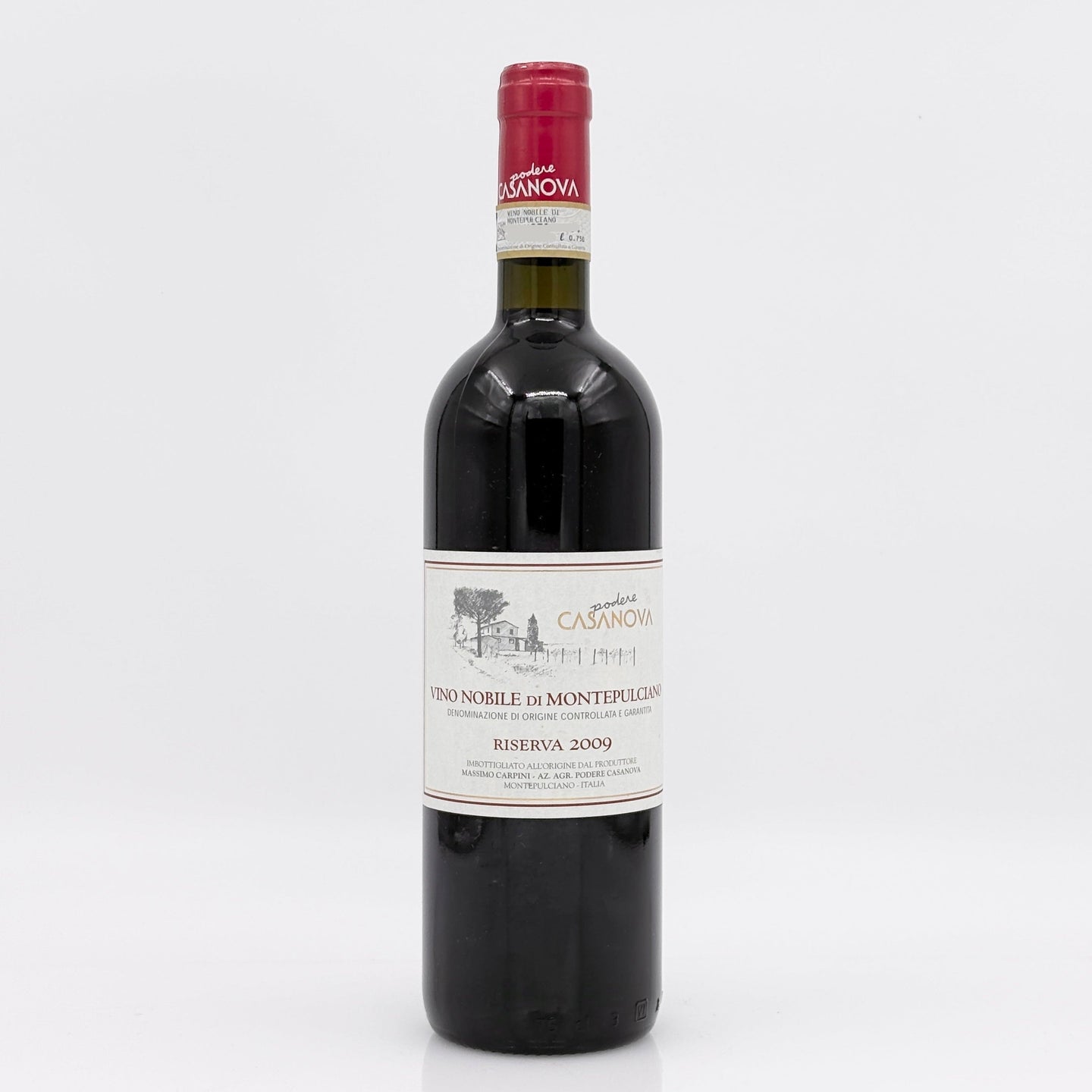 Red wine bottle with a visible label on a white background