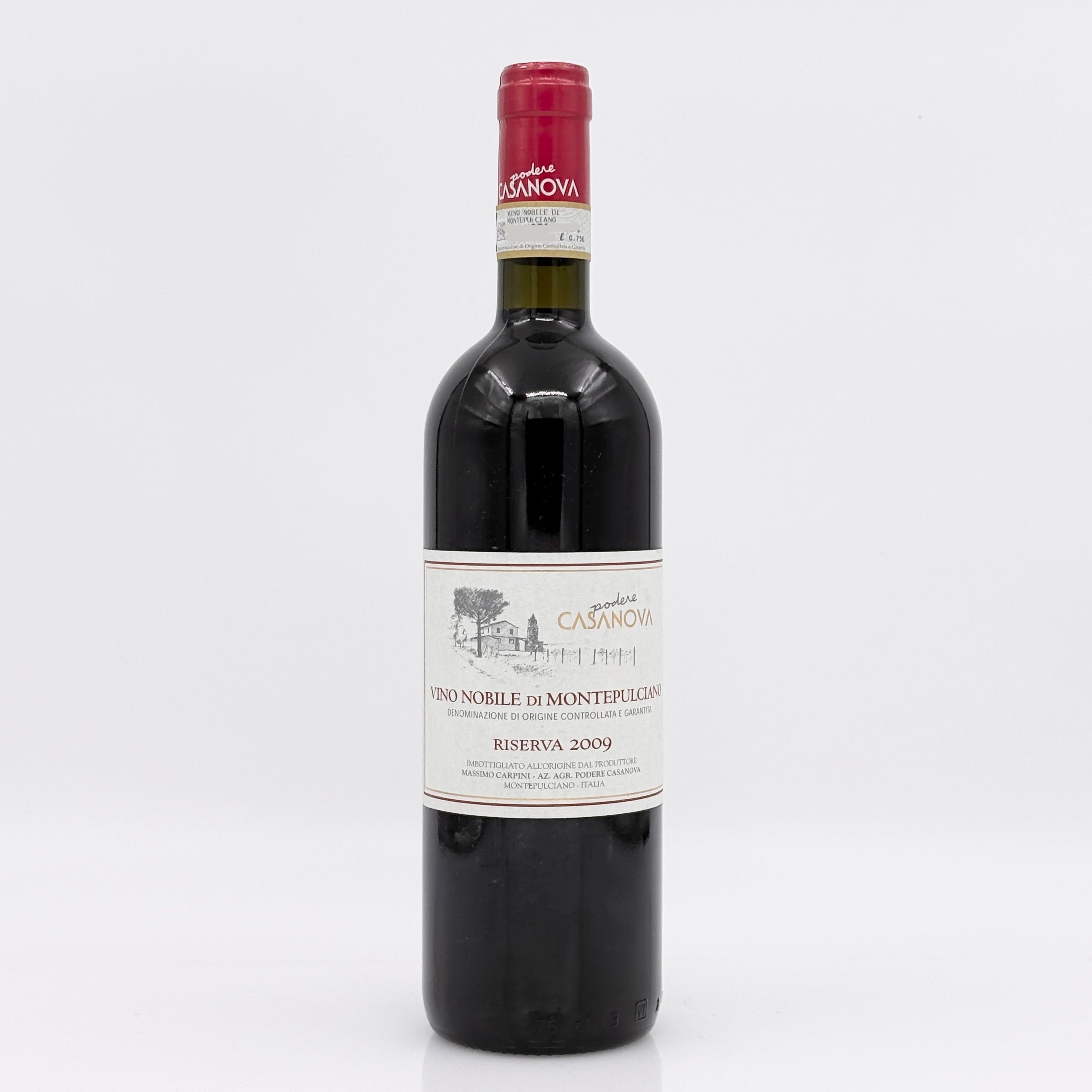 Red wine bottle with a visible label on a white background