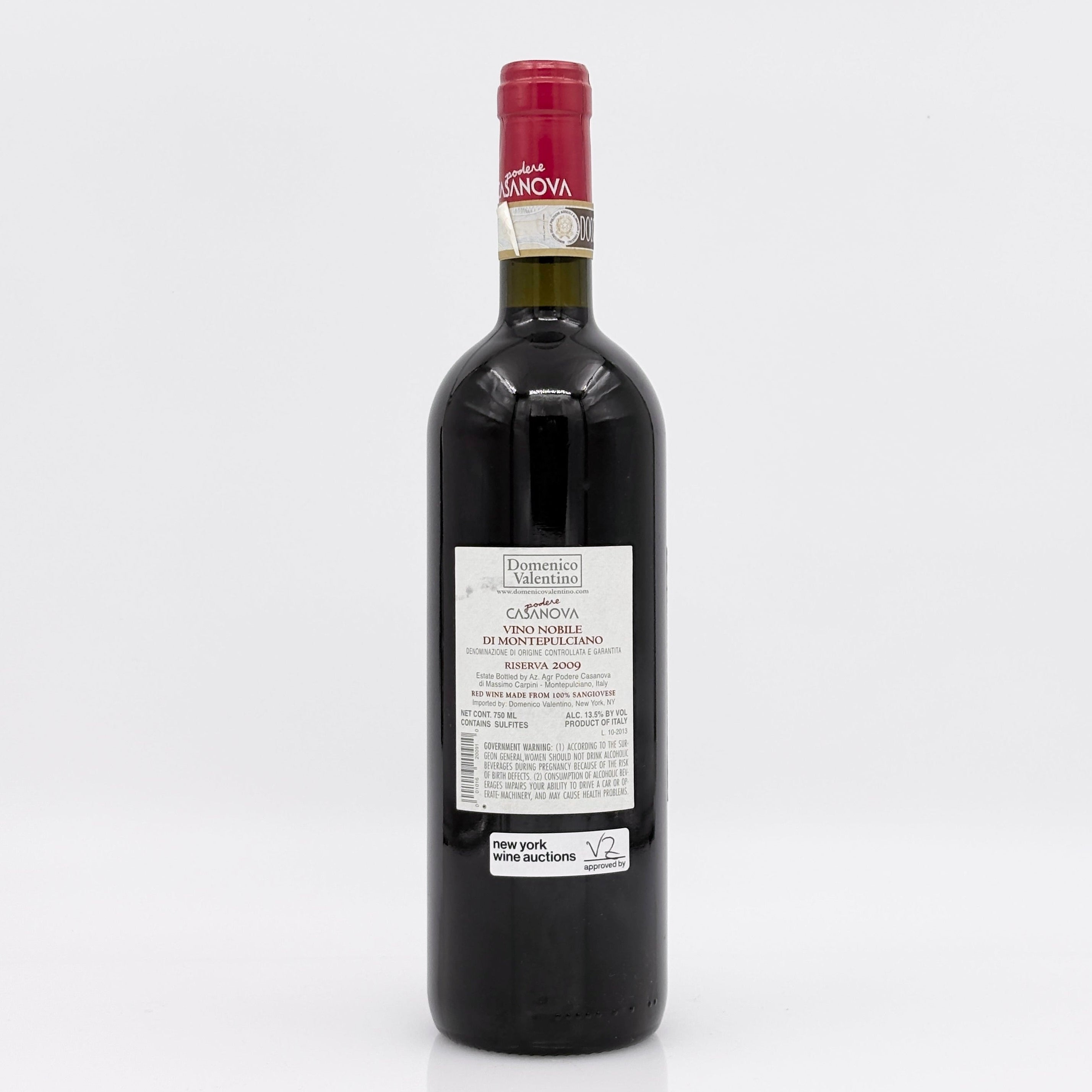 Bottle of wine with a visible label on a white background