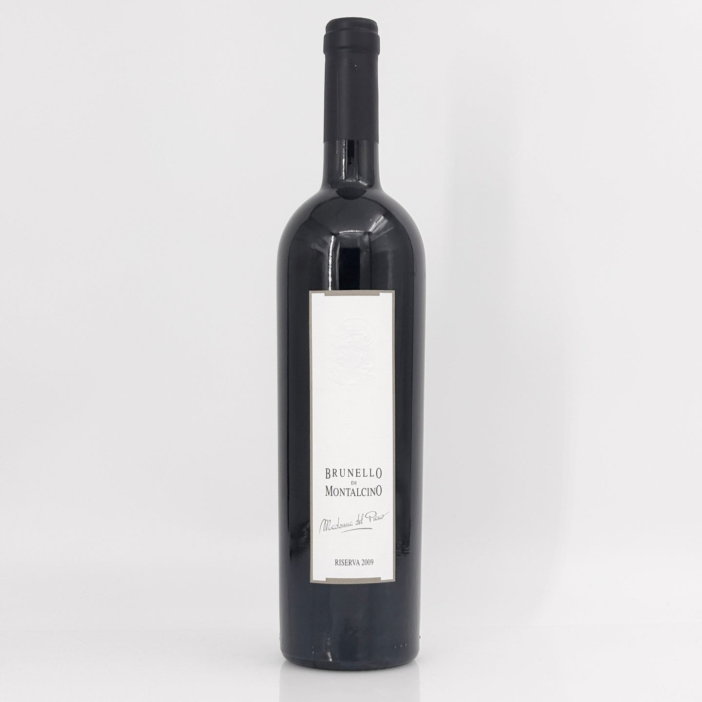 Wine bottle with a white label on a light gray background