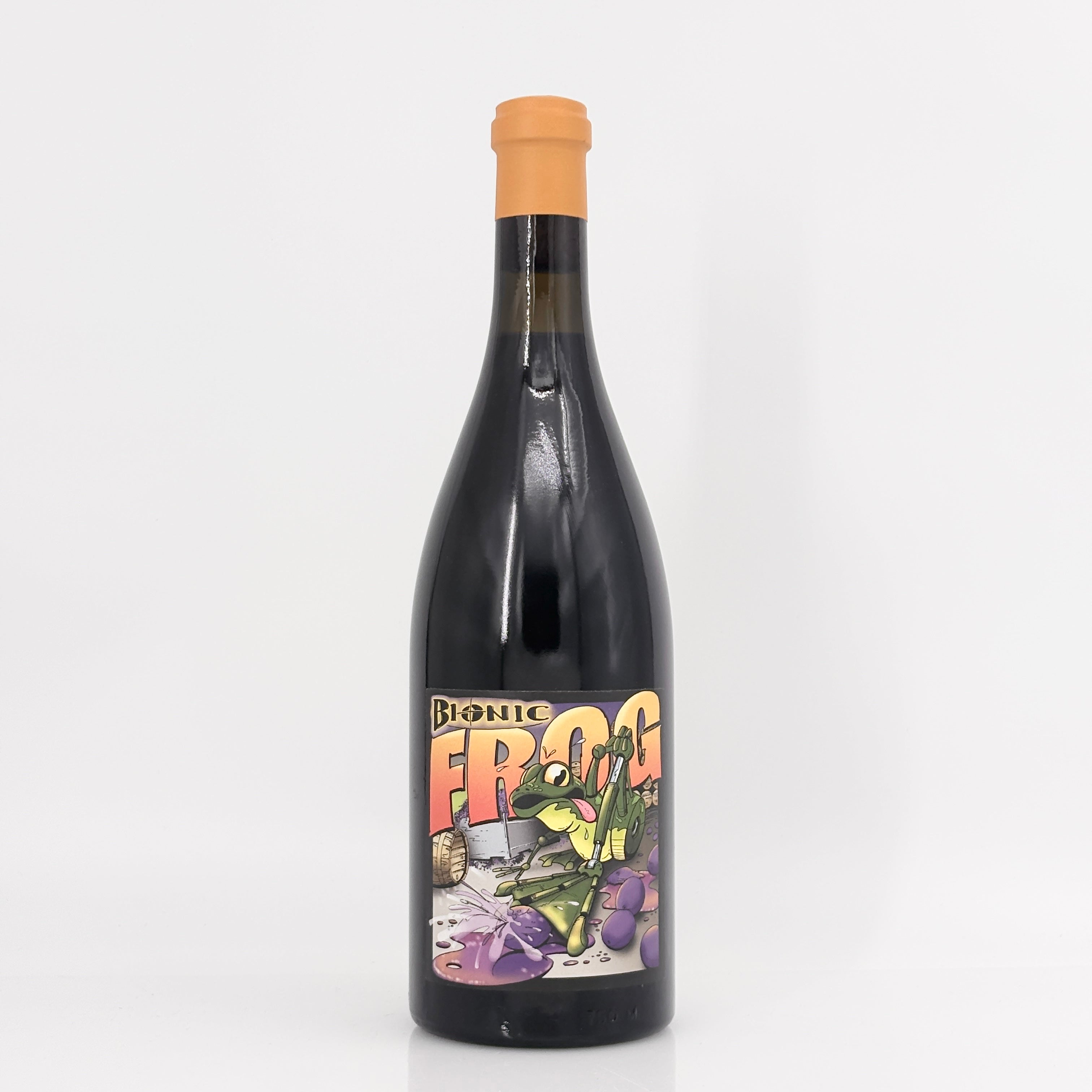 Wine bottle with 'Bionic Frog' label on a white background