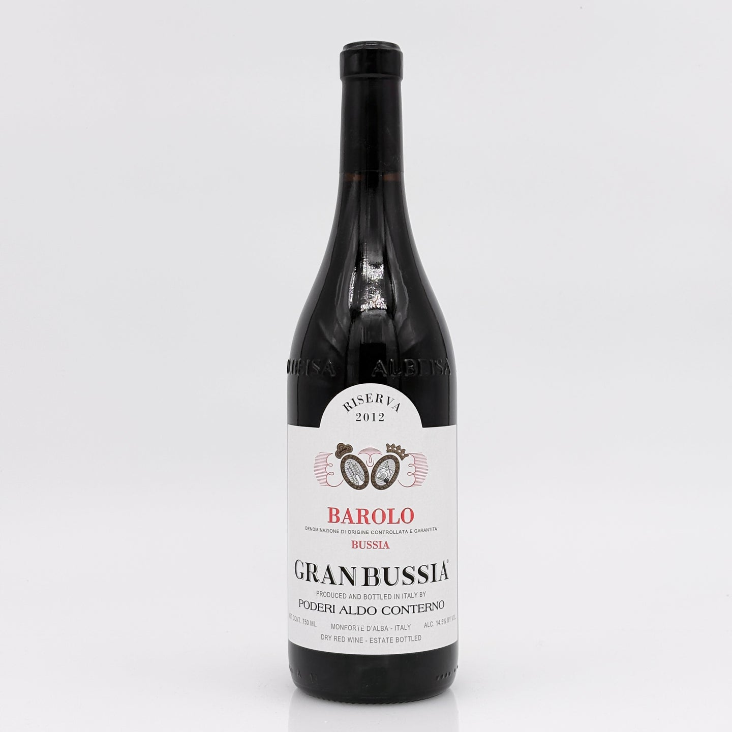 Wine bottle with a white label on a light gray background
