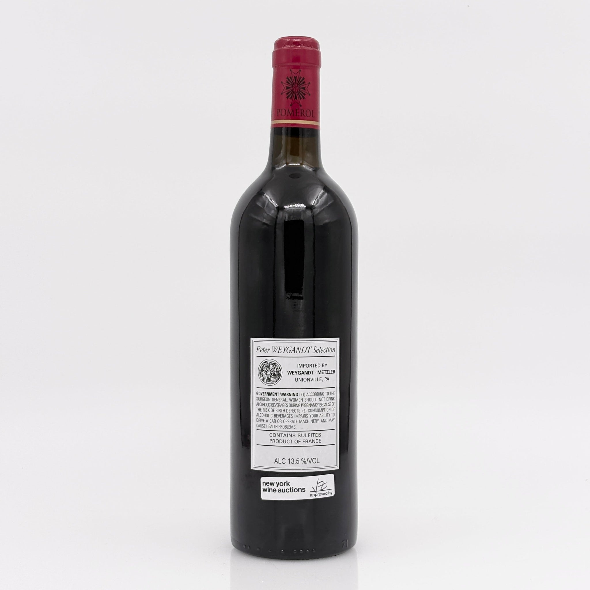 Wine bottle with a visible label on a white background