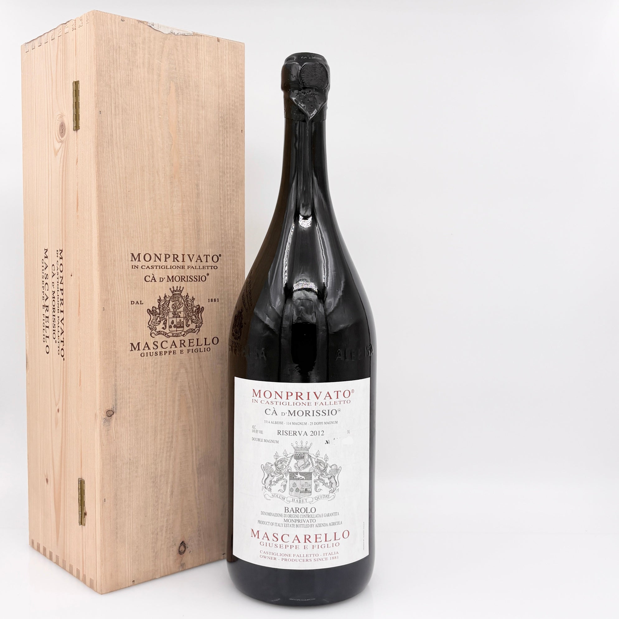 Mascarelllo Monprivato wine bottle with wooden box on a white background