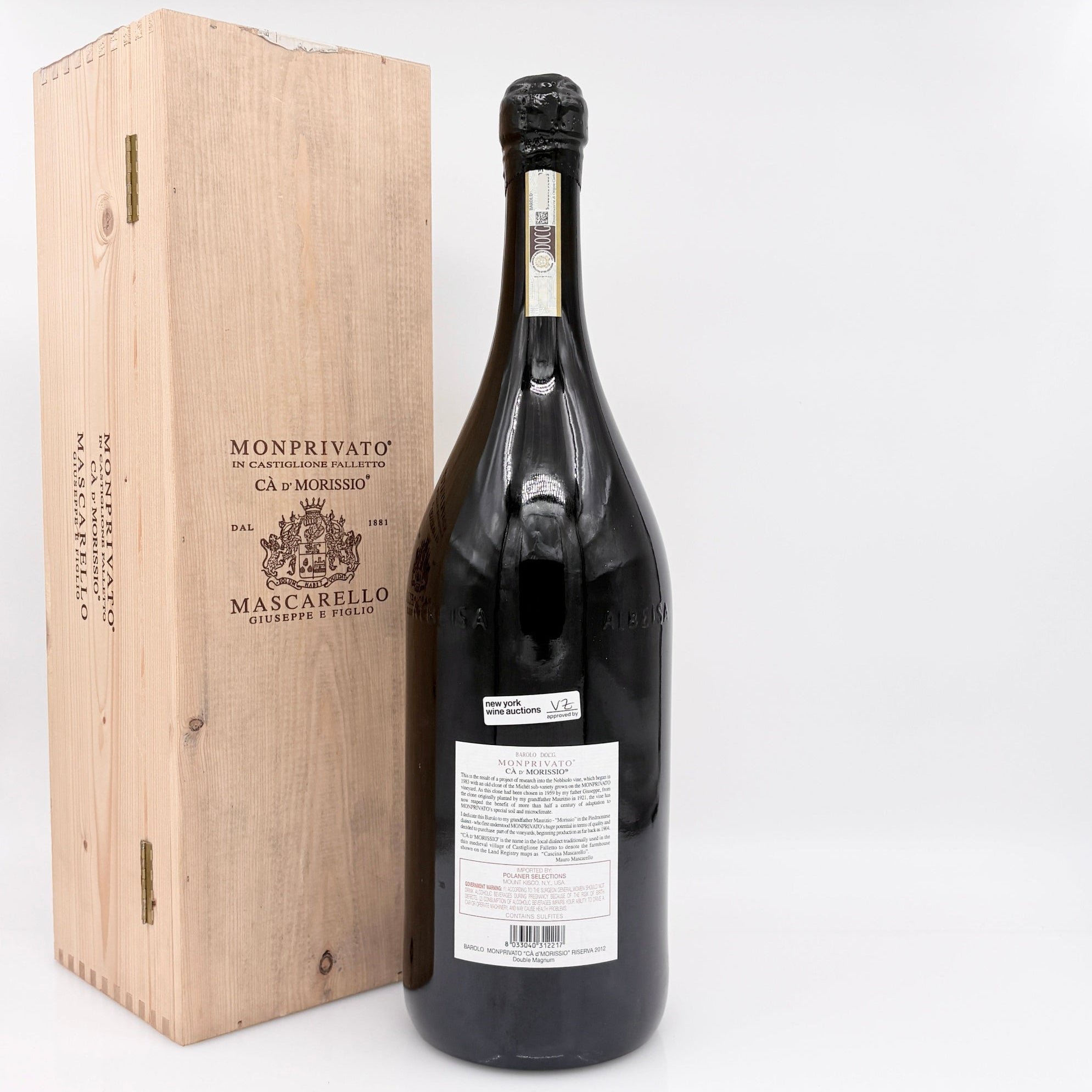 Bottle of Monprivato Mascarello wine with wooden box on a white background