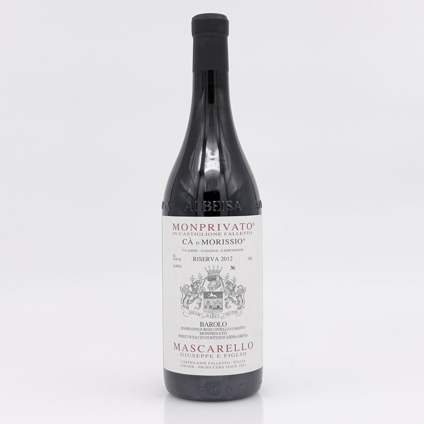 Wine bottle with a label on a white background 