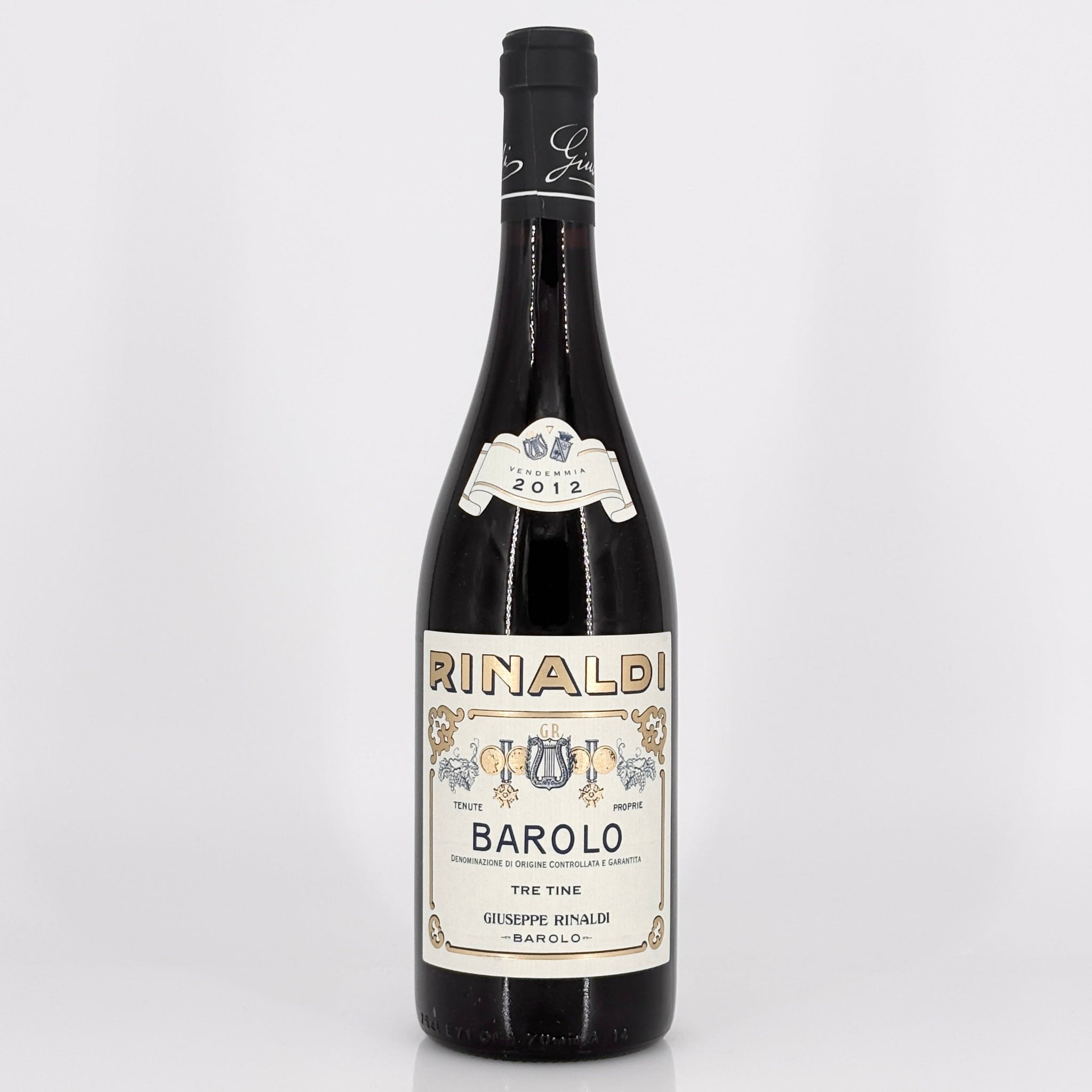 Wine bottle with 'Rinaldi Barolo' label on a white background