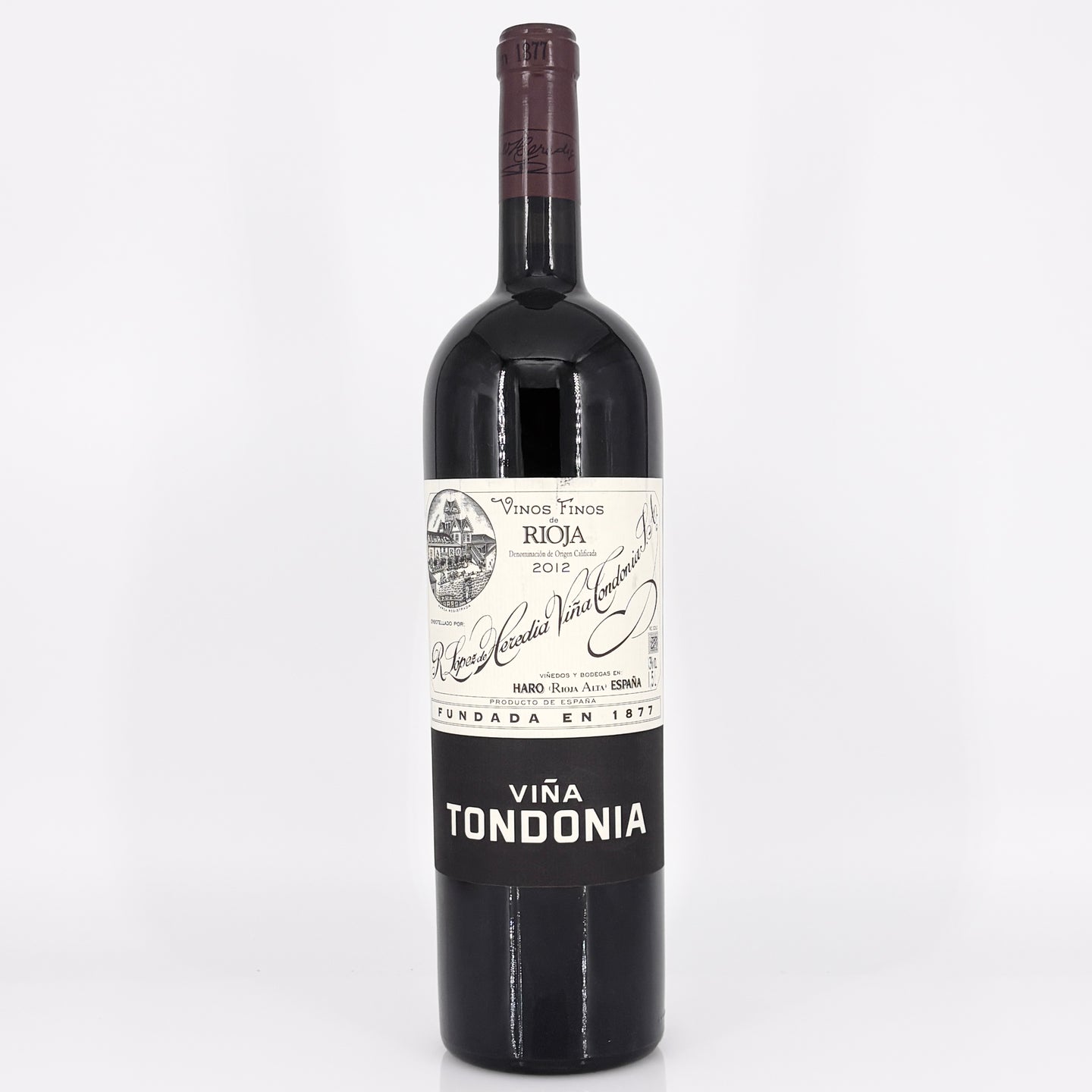 Wine bottle with 'VIna Tondonia' label on a white background
