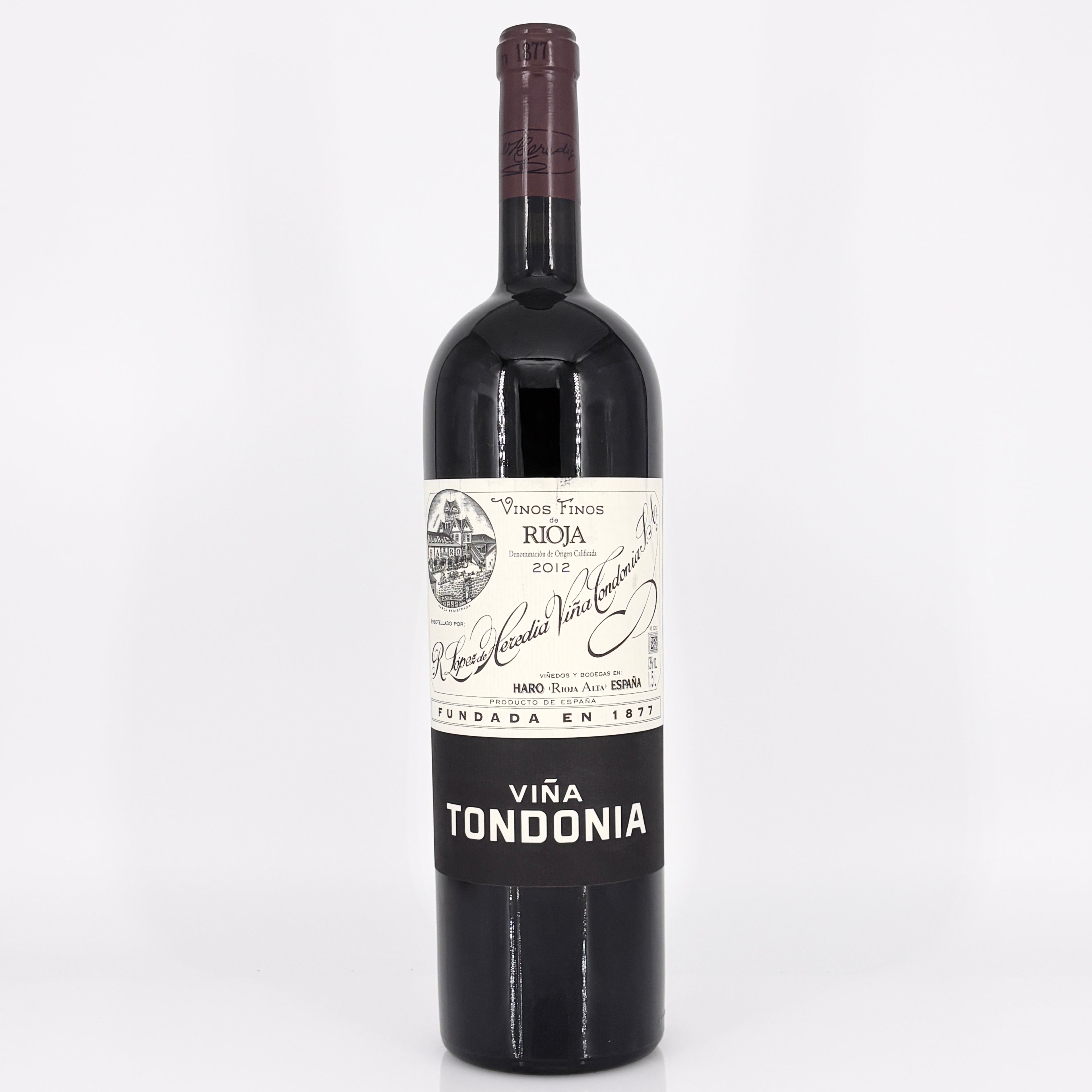 Wine bottle with 'VIna Tondonia' label on a white background