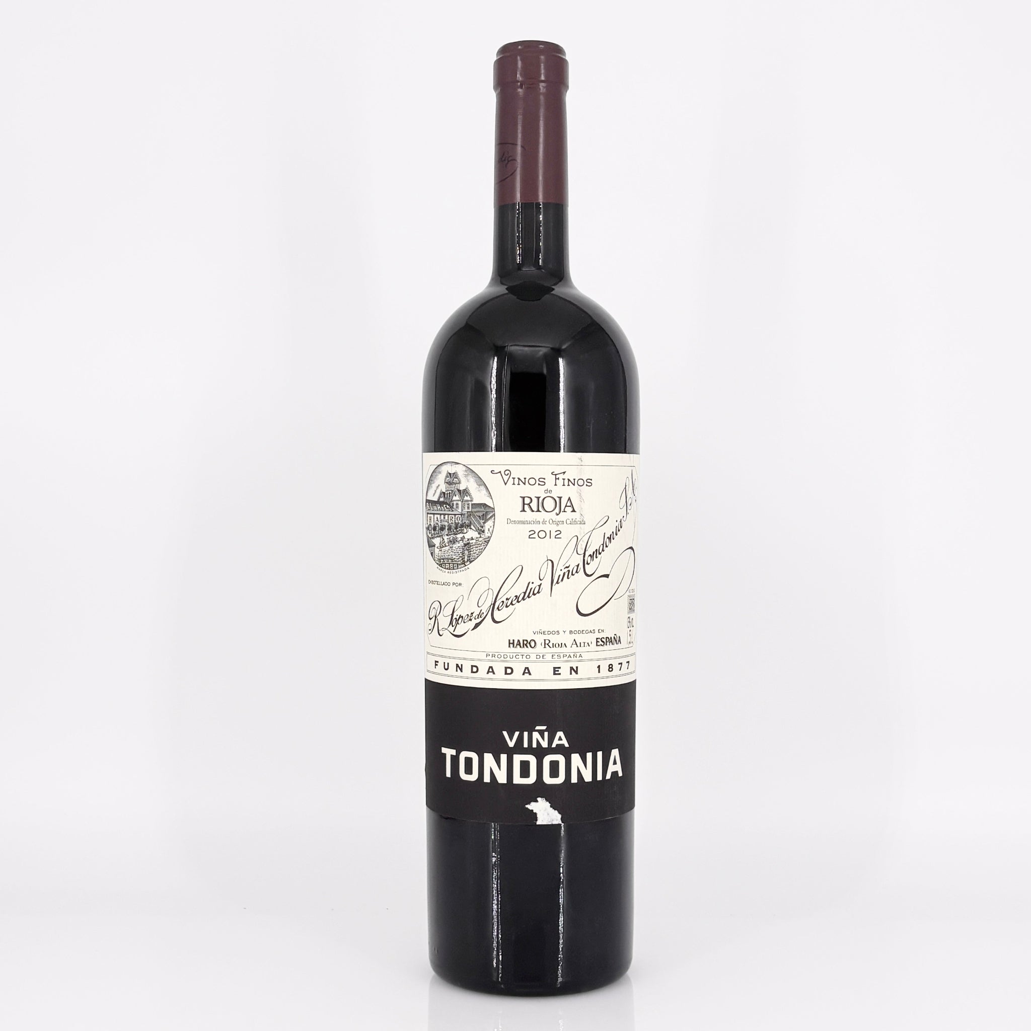 Wine bottle with 'Vina Tondonia' label on a white background