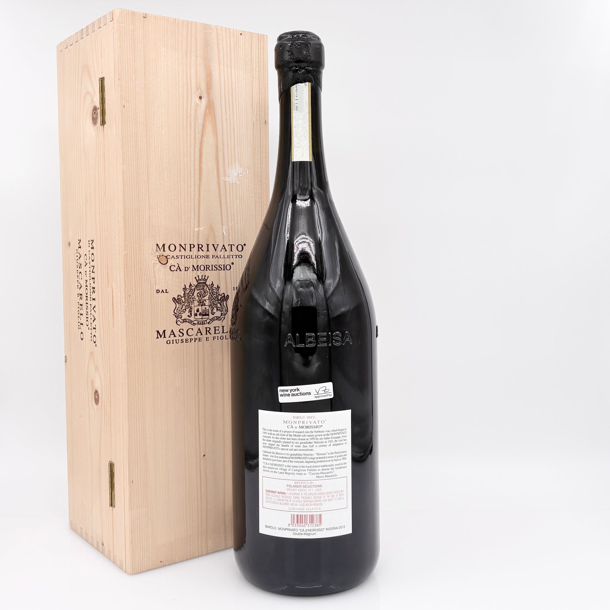 Large bottle of Albea wine with a wooden box on a white background