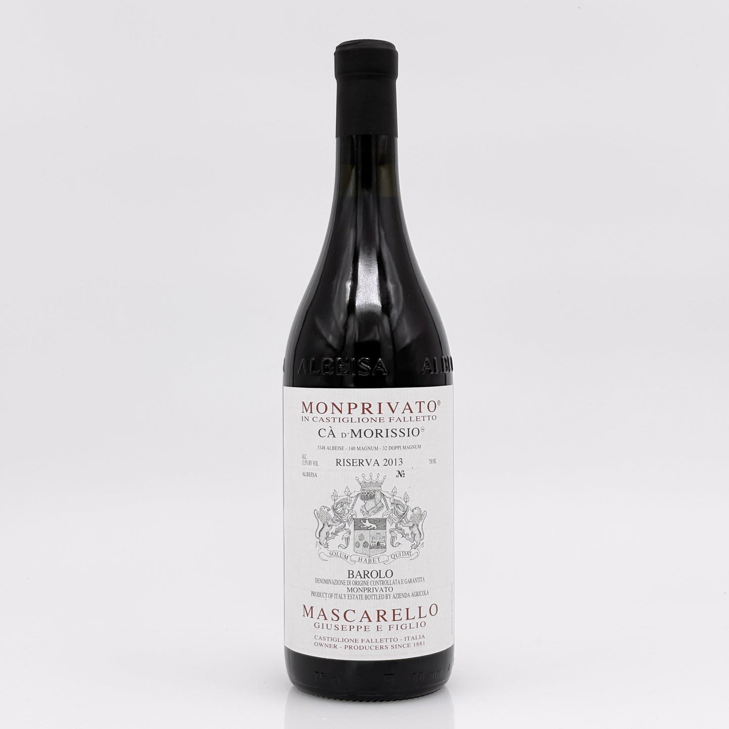 Wine bottle with a detailed label on a white background