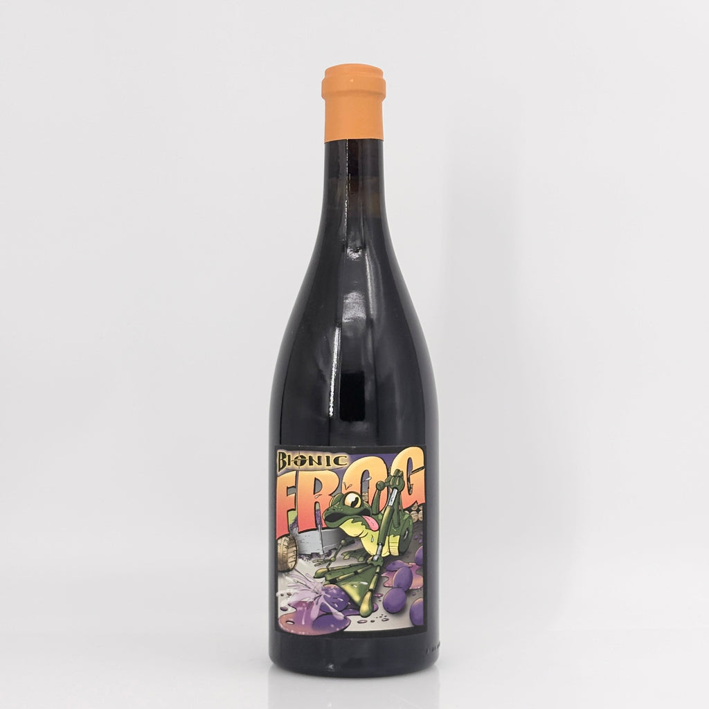 Bottle of wine with a colorful label on a white background