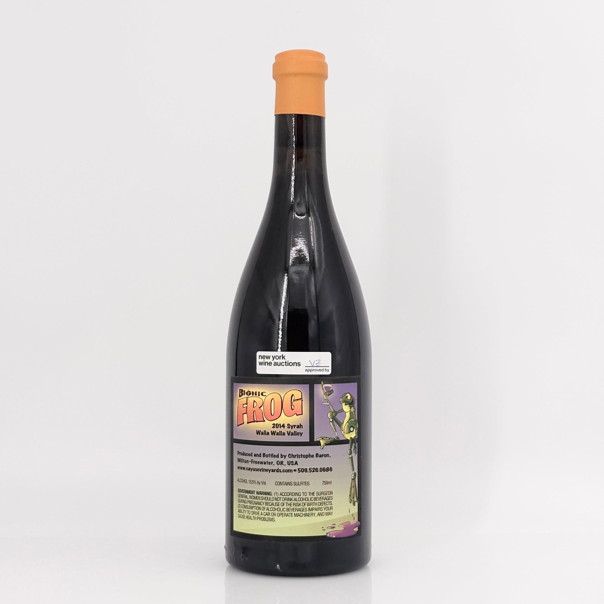 Bottle of Bionic Frog wine with a cork on a white background
