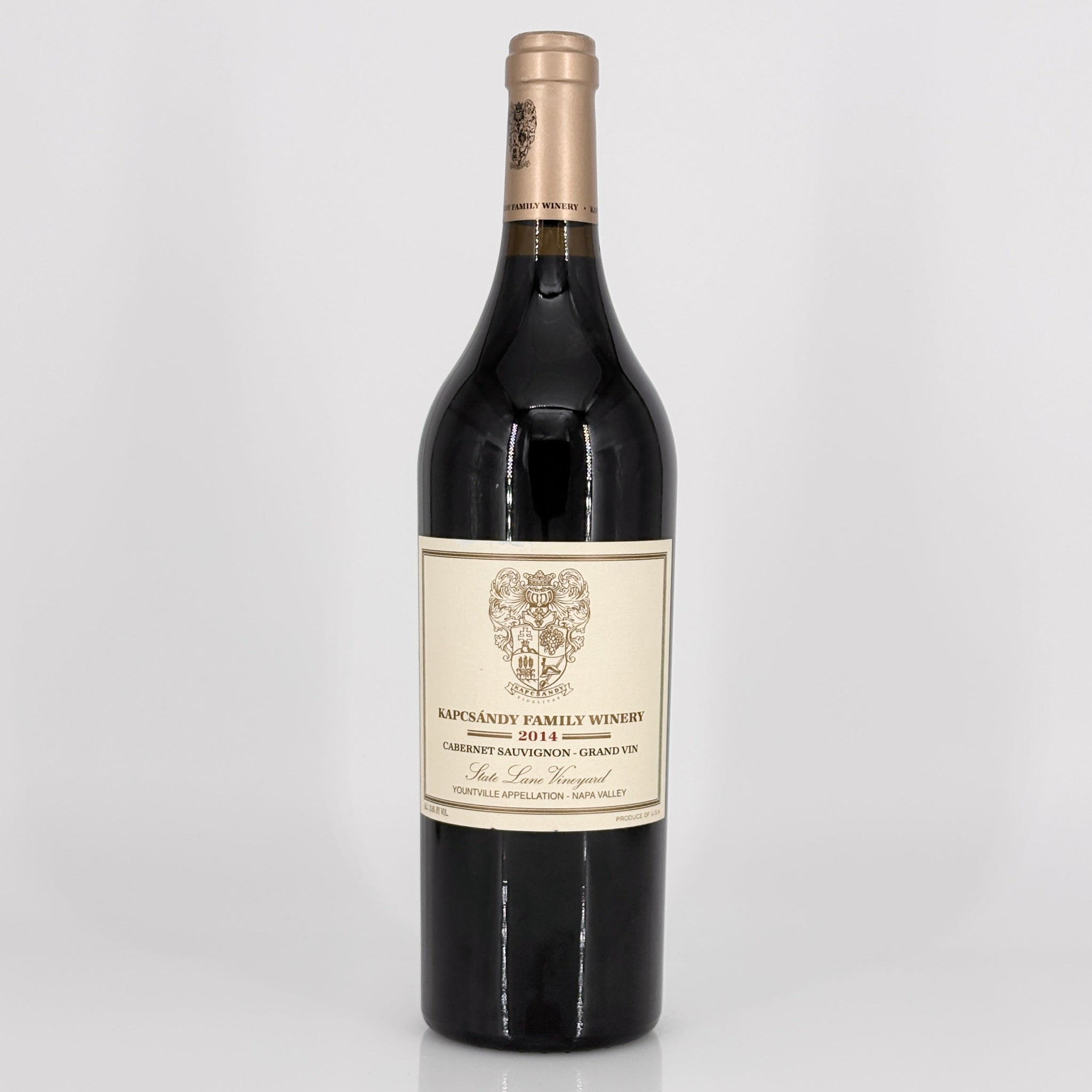 Wine bottle with a visible label on a gray background