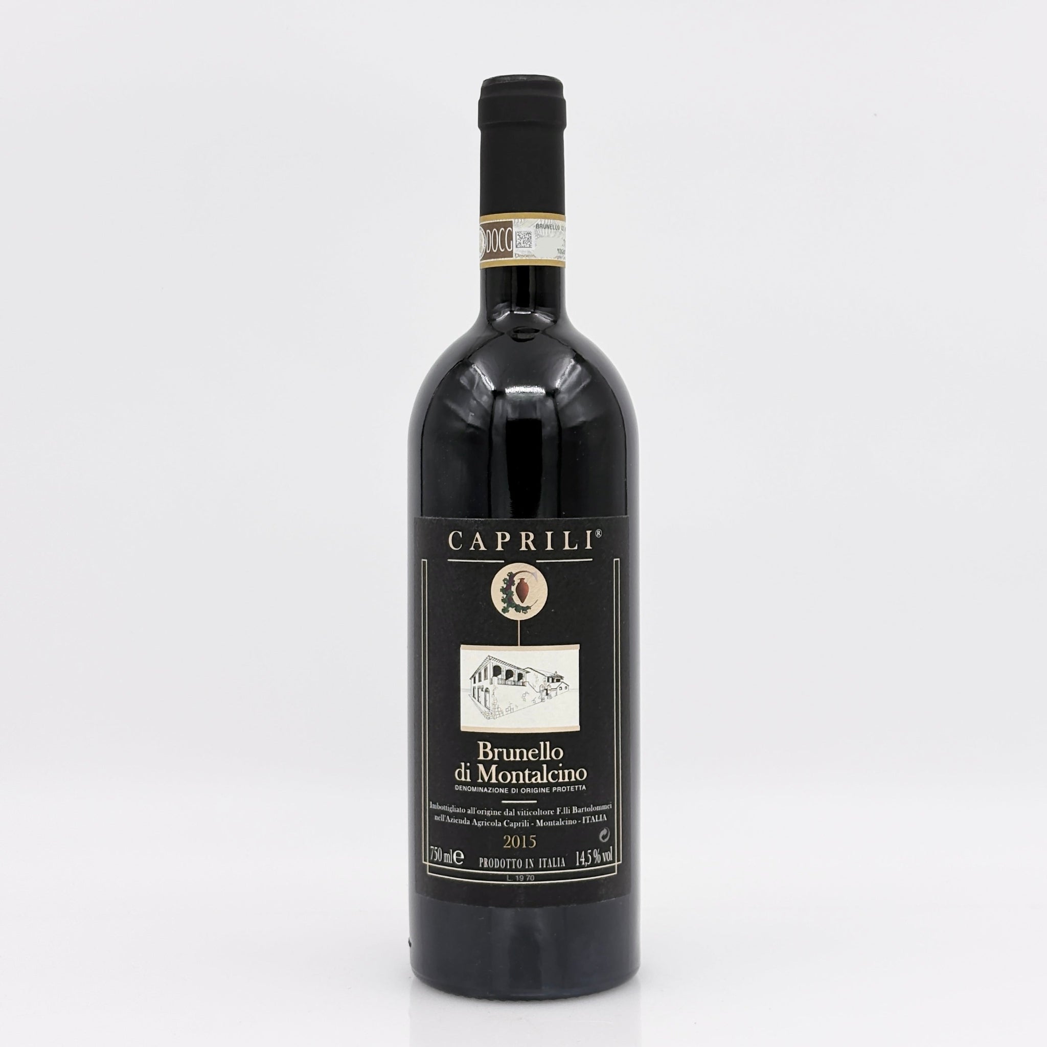 Bottle of Caprili Brunello di Montalcino wine on a white background
