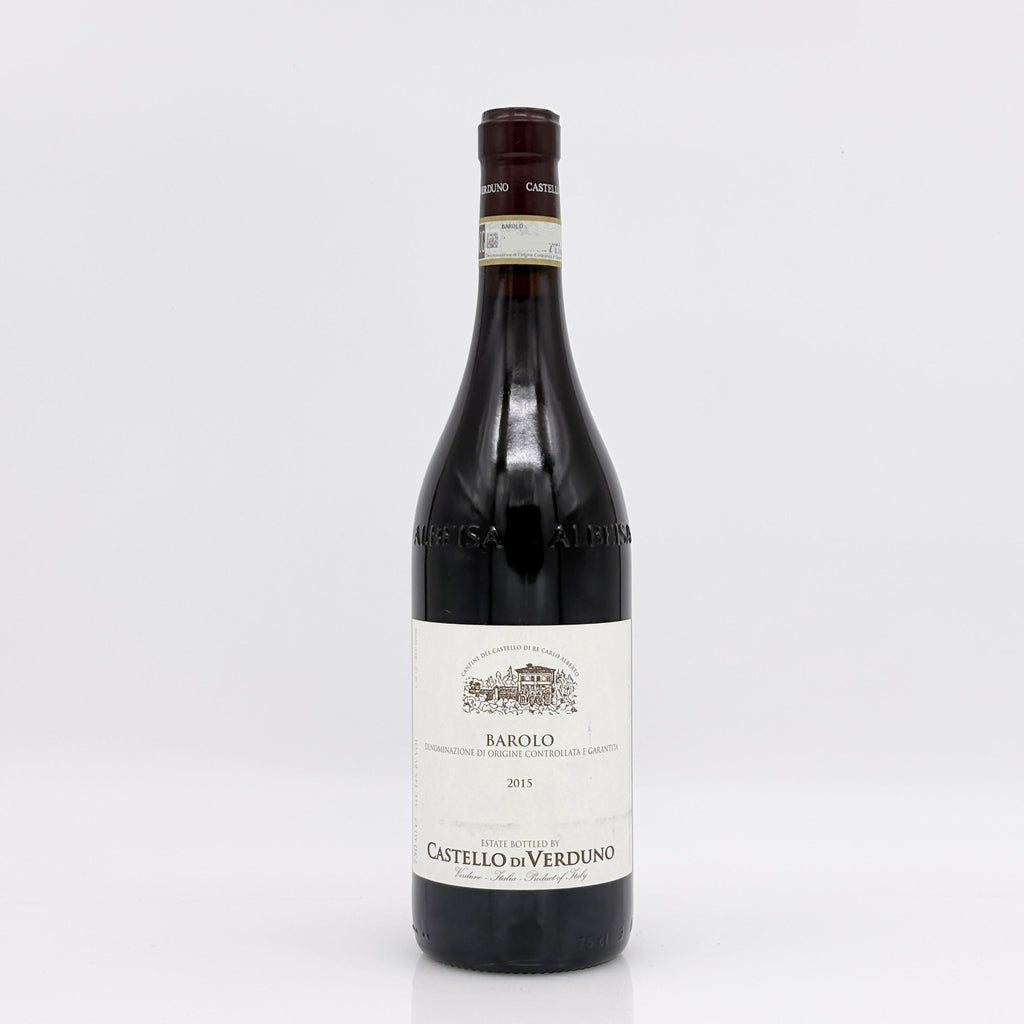 Wine bottle with a white label on a light gray background