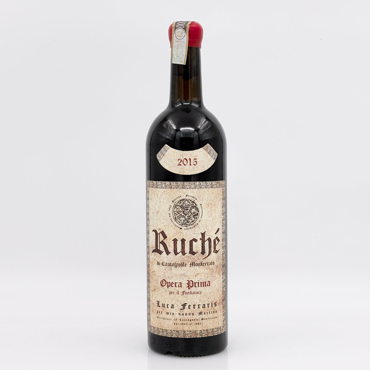 Wine bottle with a detailed label on a white background