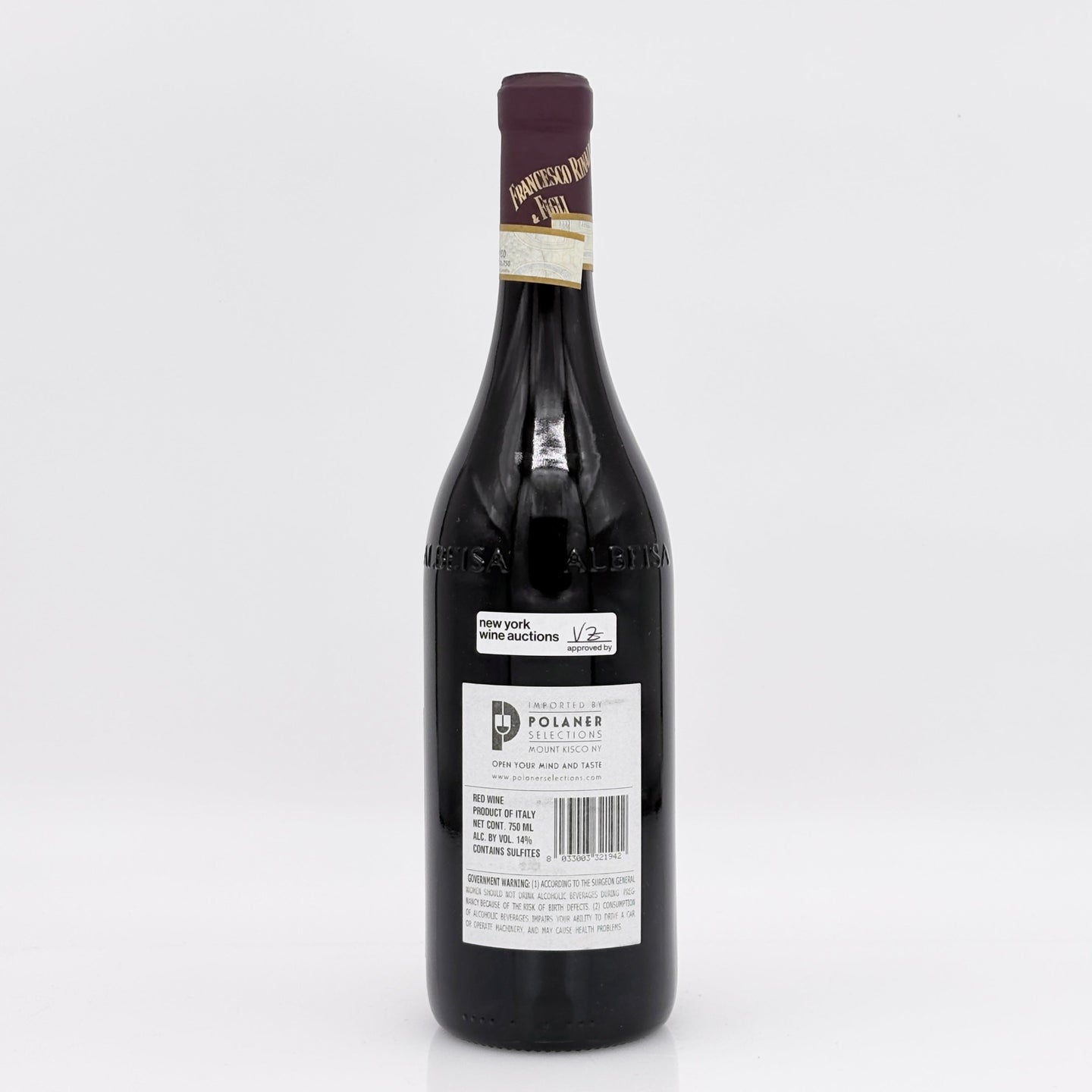 Wine bottle with a visible label on a white background