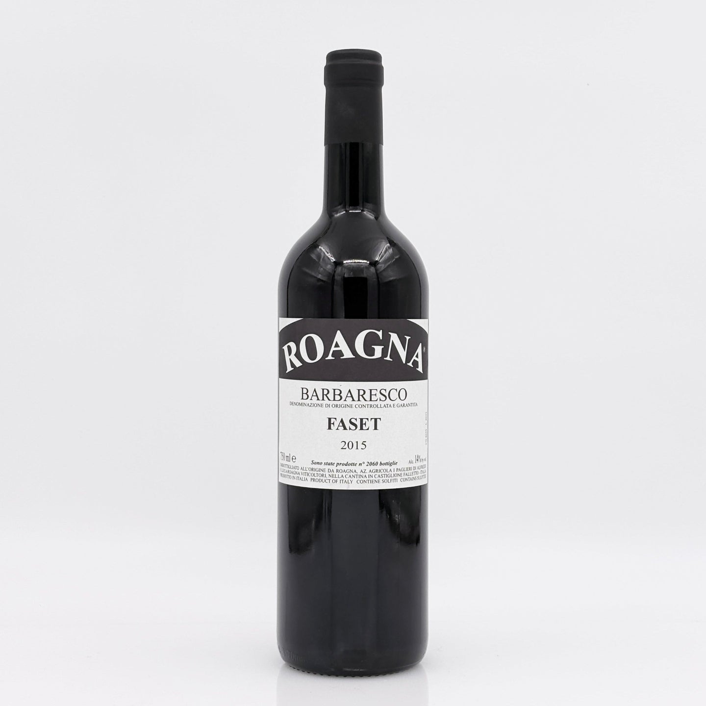 Red wine bottle with 'Roagna' label on a white background