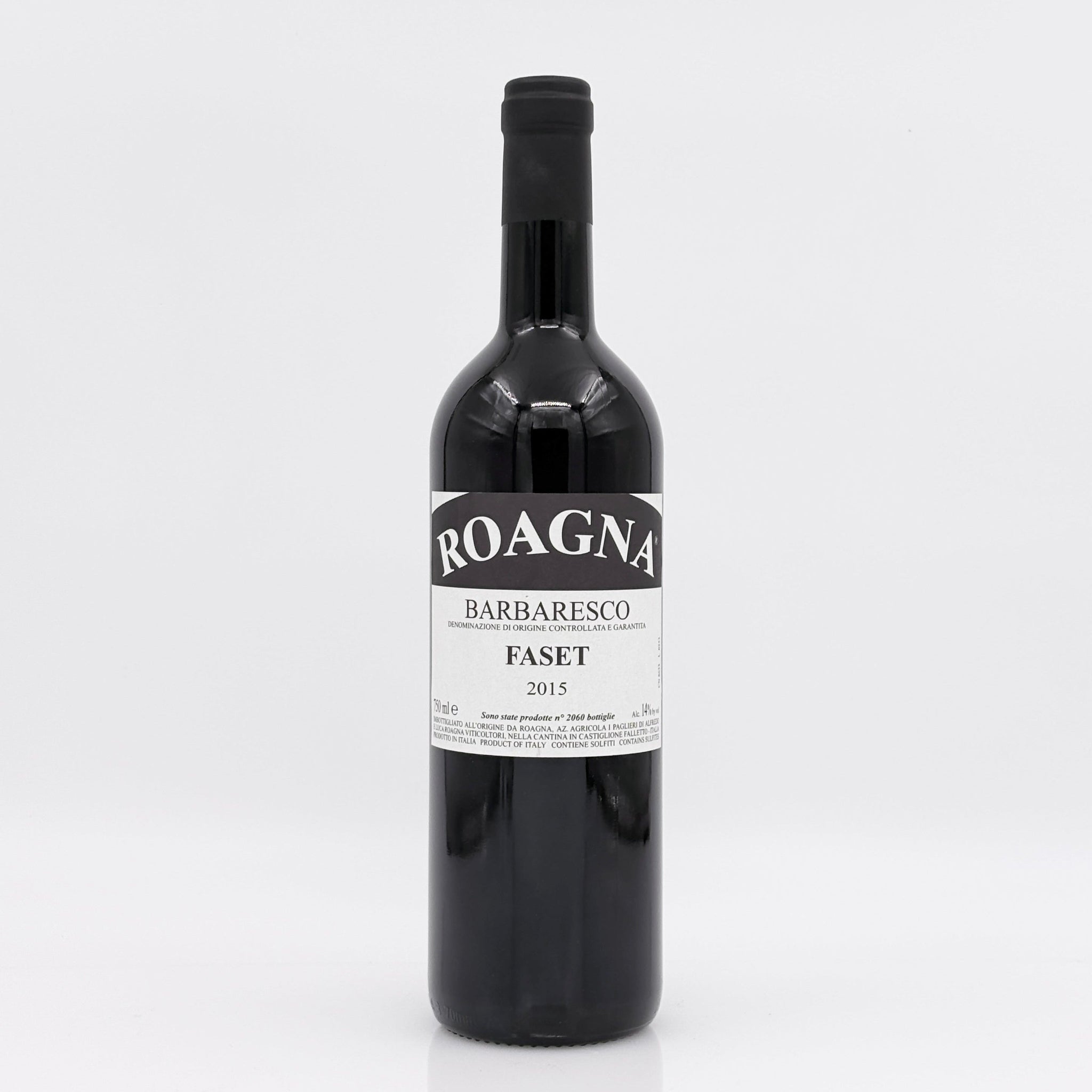 Red wine bottle with 'Roagna' label on a white background