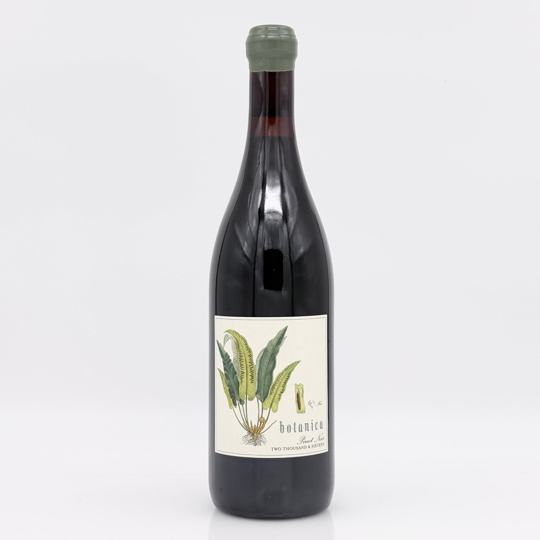 Bottle of wine with a botanical label on a white background