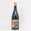 Bottle of Bionic Frog wine with a colorful label on a white background