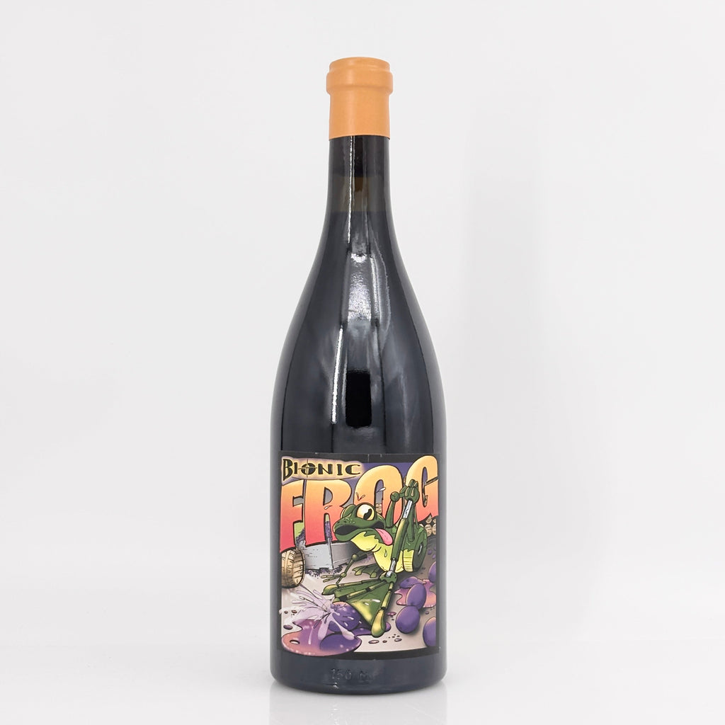 Bottle of Bionic Frog wine with a colorful label on a white background