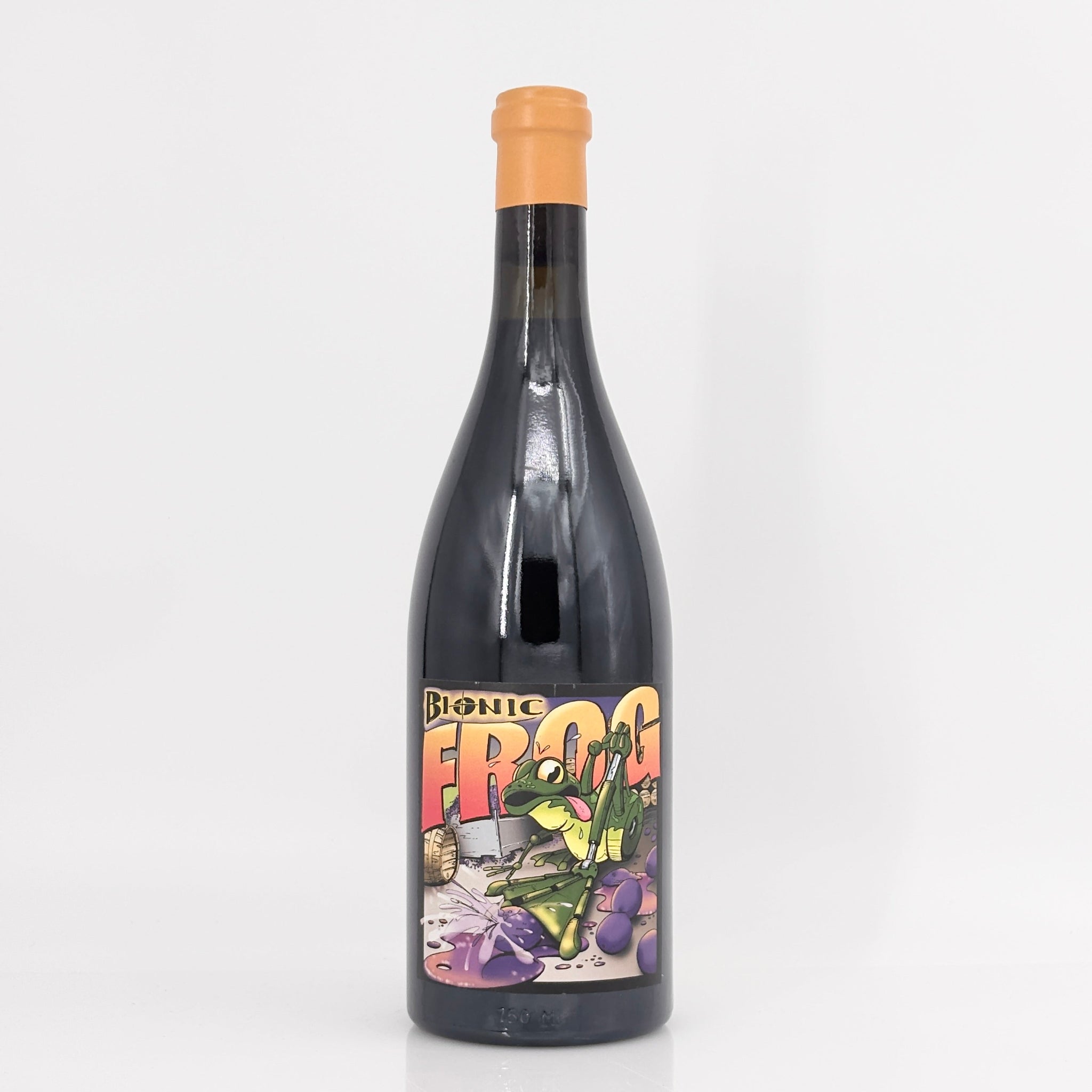 Bottle of Bionic Frog wine with a colorful label on a white background