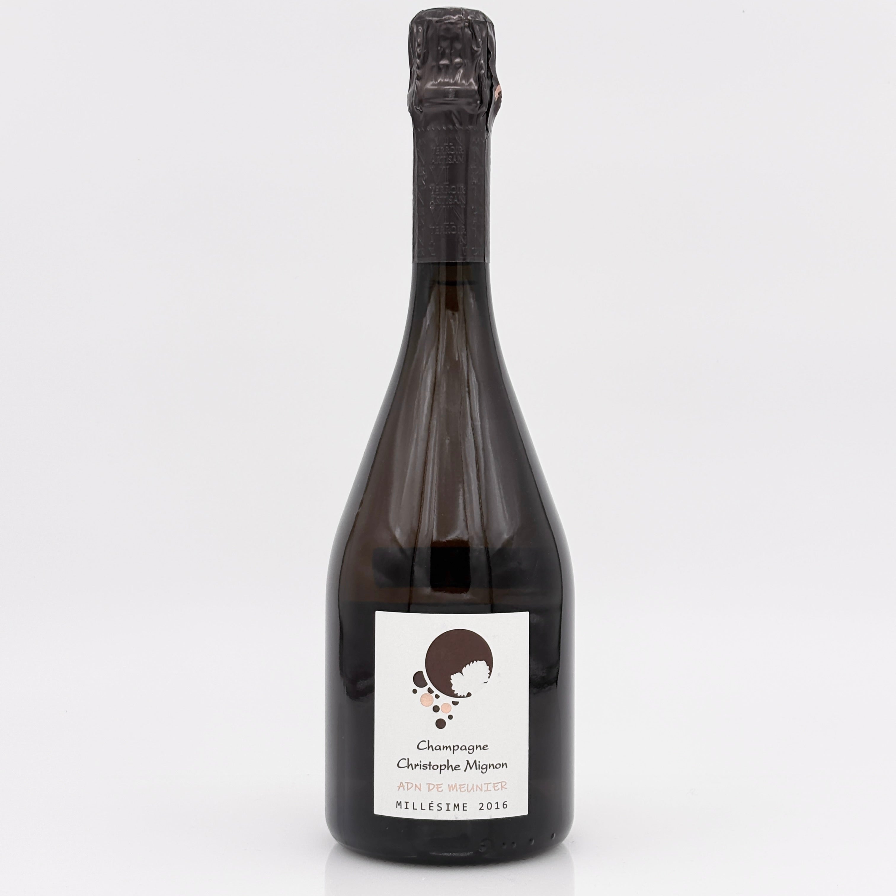 Bottle of champagne with a label on a white background