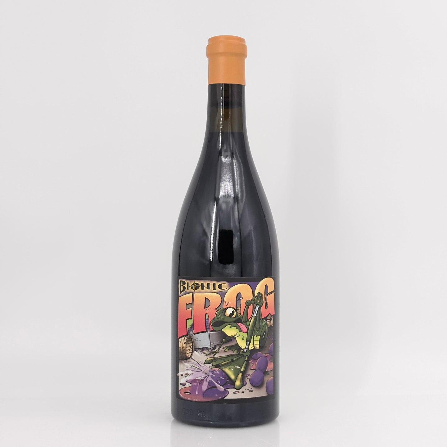Wine bottle with 'Bionic Frog' label on a white background