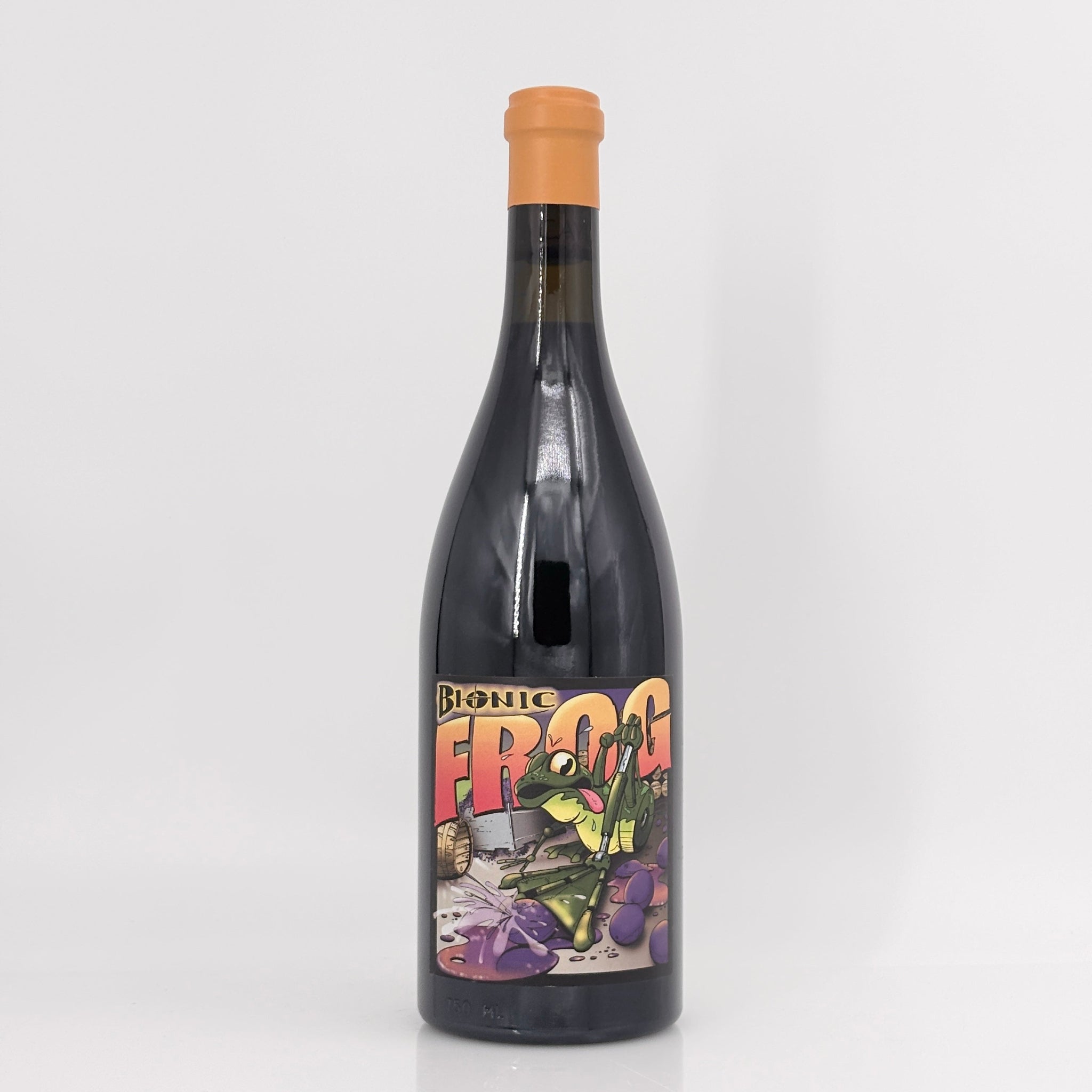 Wine bottle with 'Bionic Frog' label on a white background